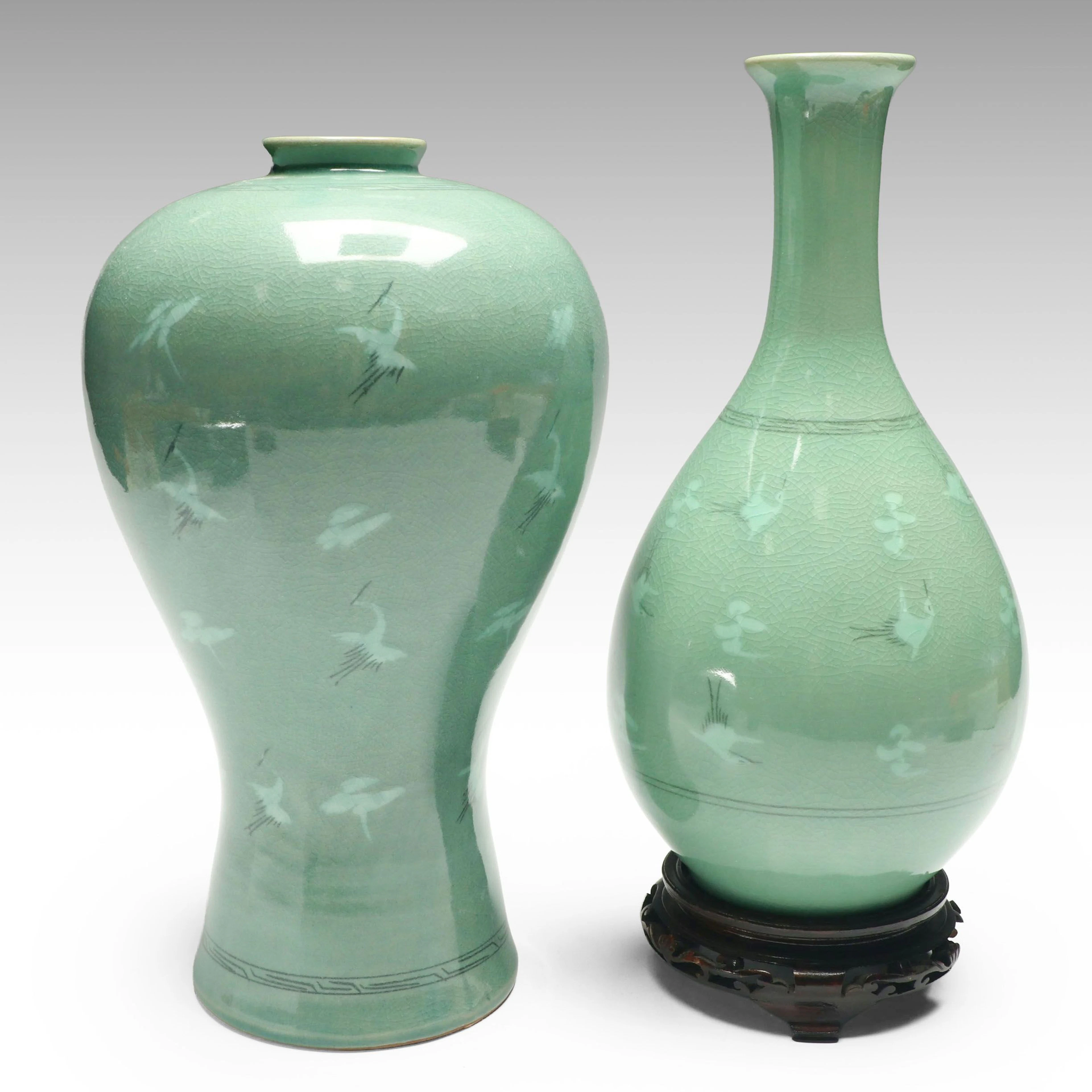 Korean Maebyoung (Male & Female) Celadon Porcelain Crane Vases