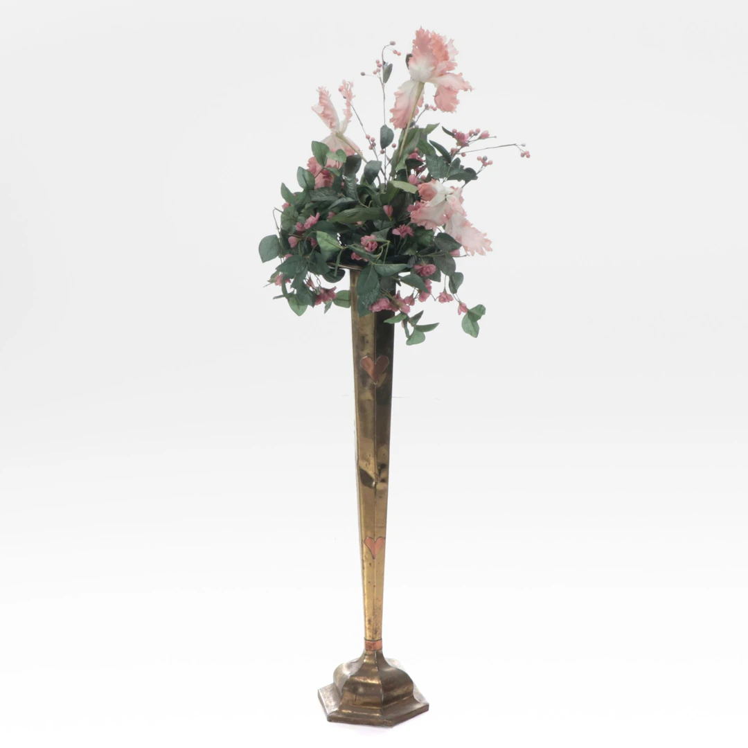 Tapered Brass Vase with Inlaid Copper Hearts and Artificial Iris Bouquet