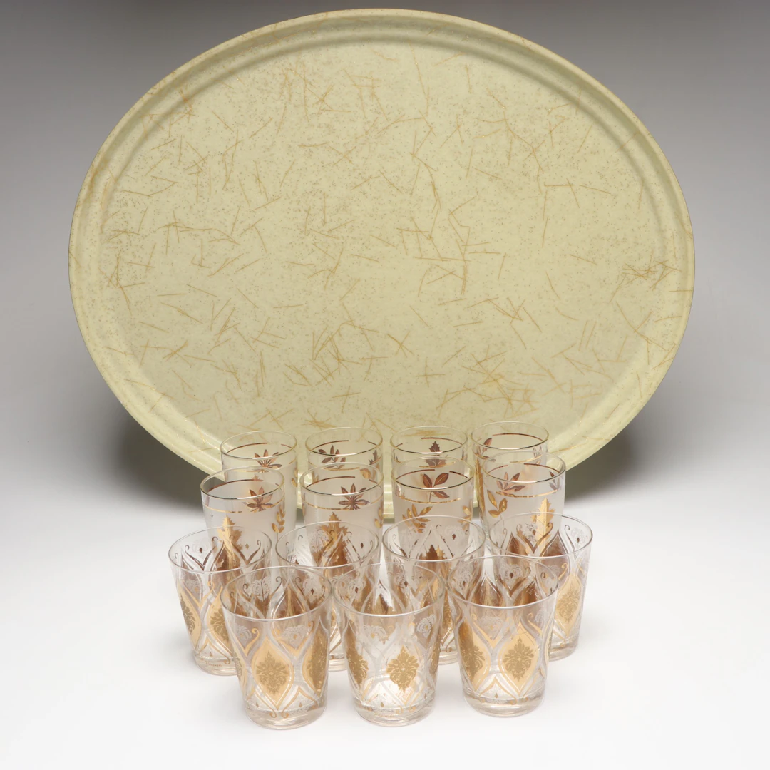 Mid Century Modern Libbey and Other Gilt Glass Tumblers with Tray