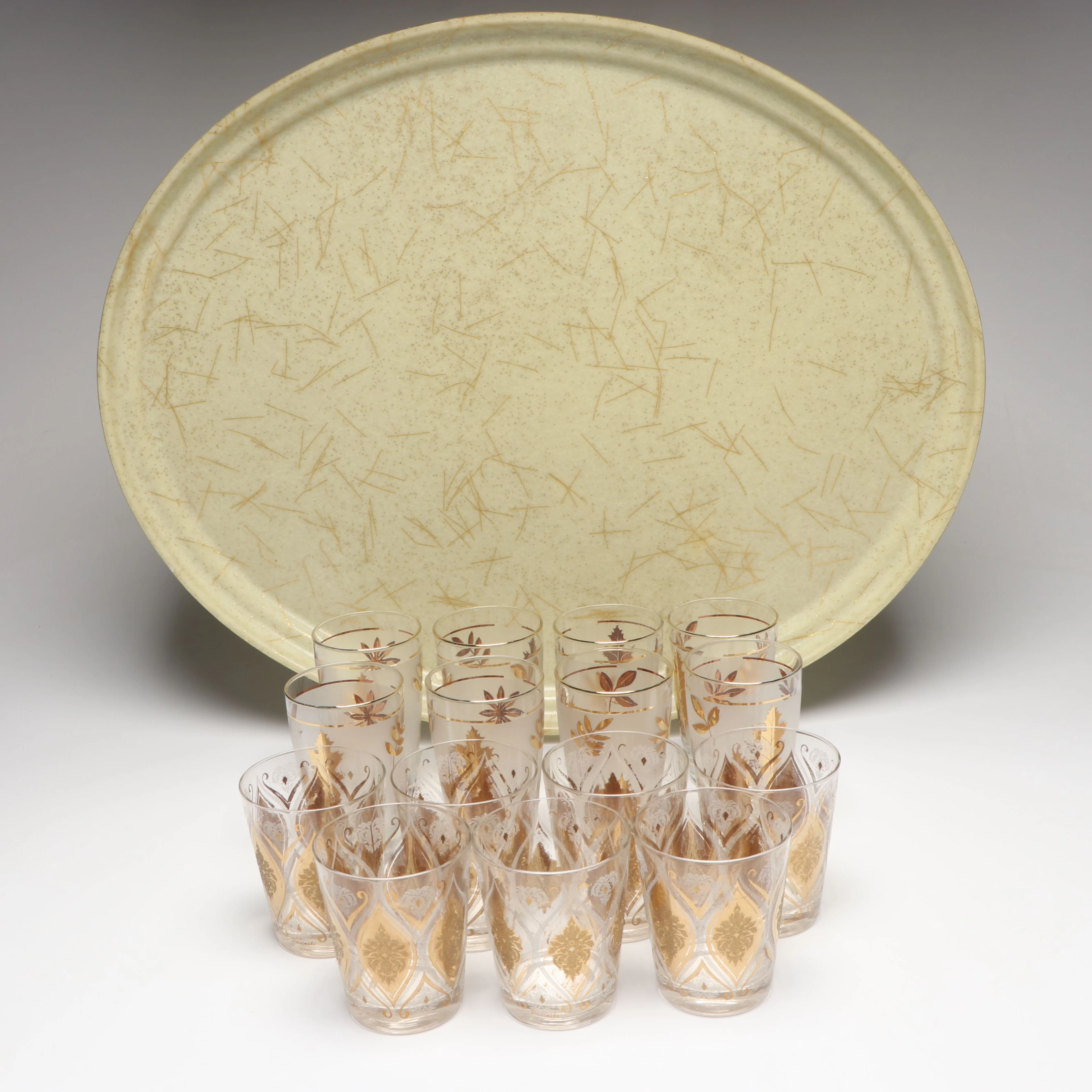 Mid Century Modern Libbey and Other Gilt Glass Tumblers with Tray