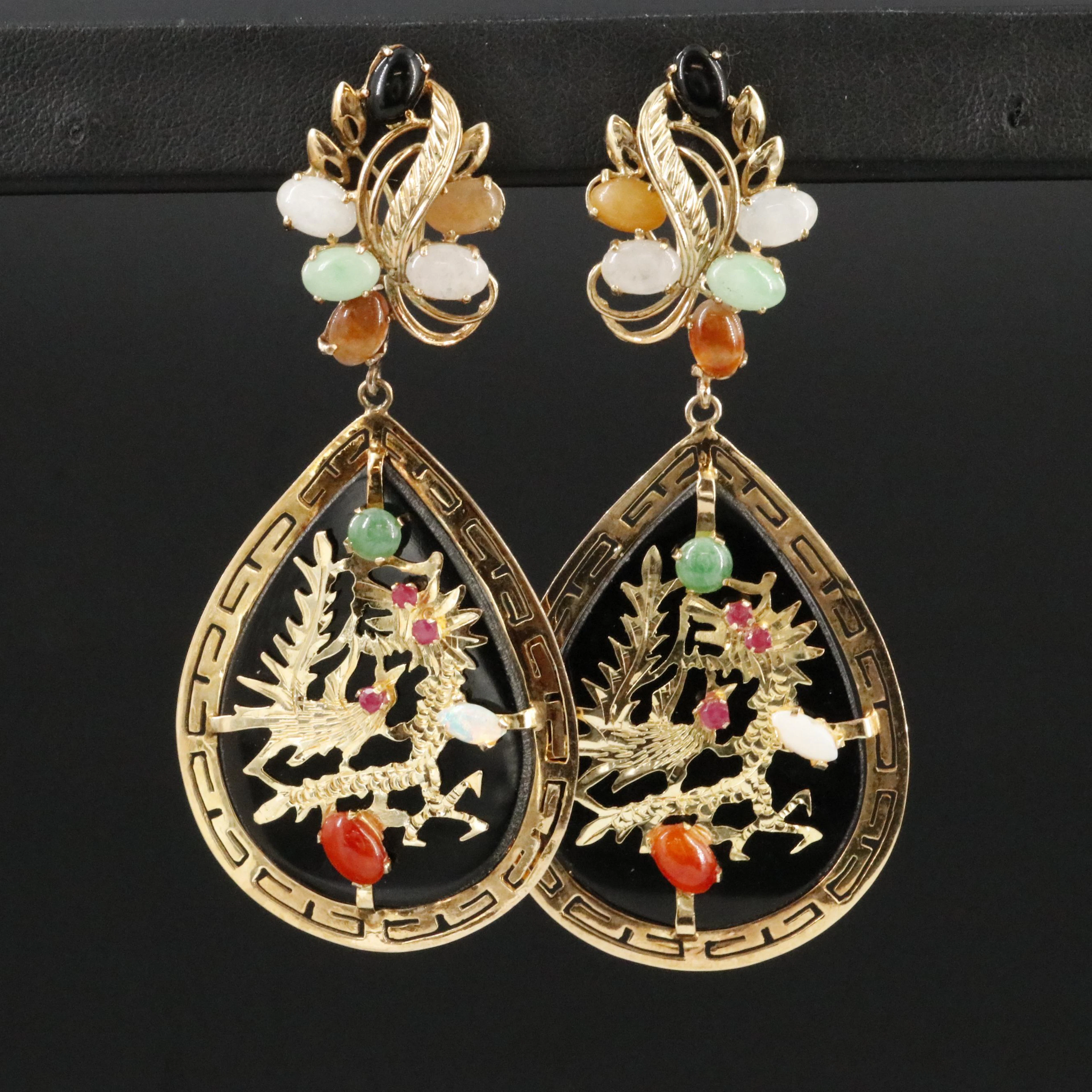 14K Earrings with Obsidian, Jadeite, and Opal