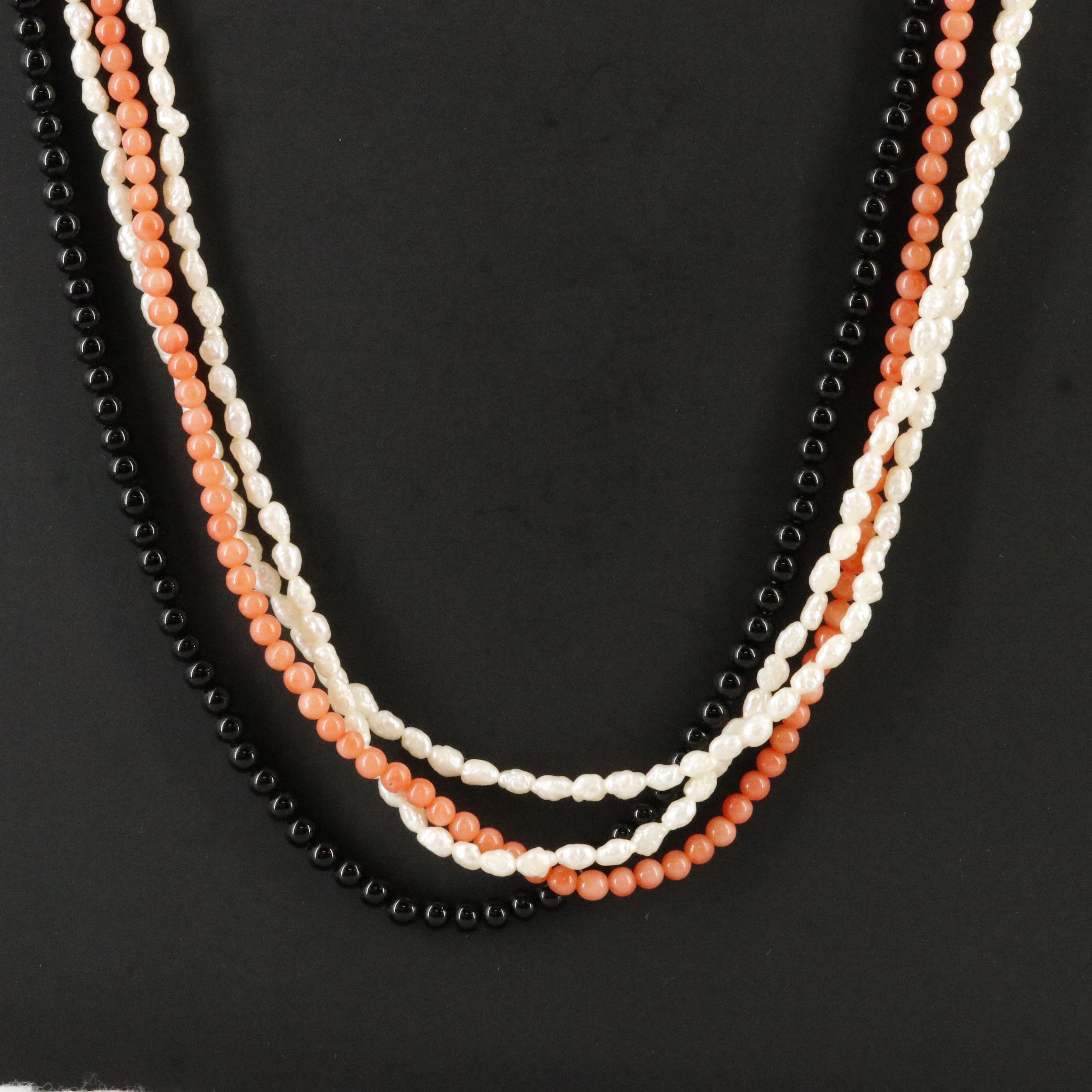 Vintage 14K Coral, Obsidian, and Pearl Necklace