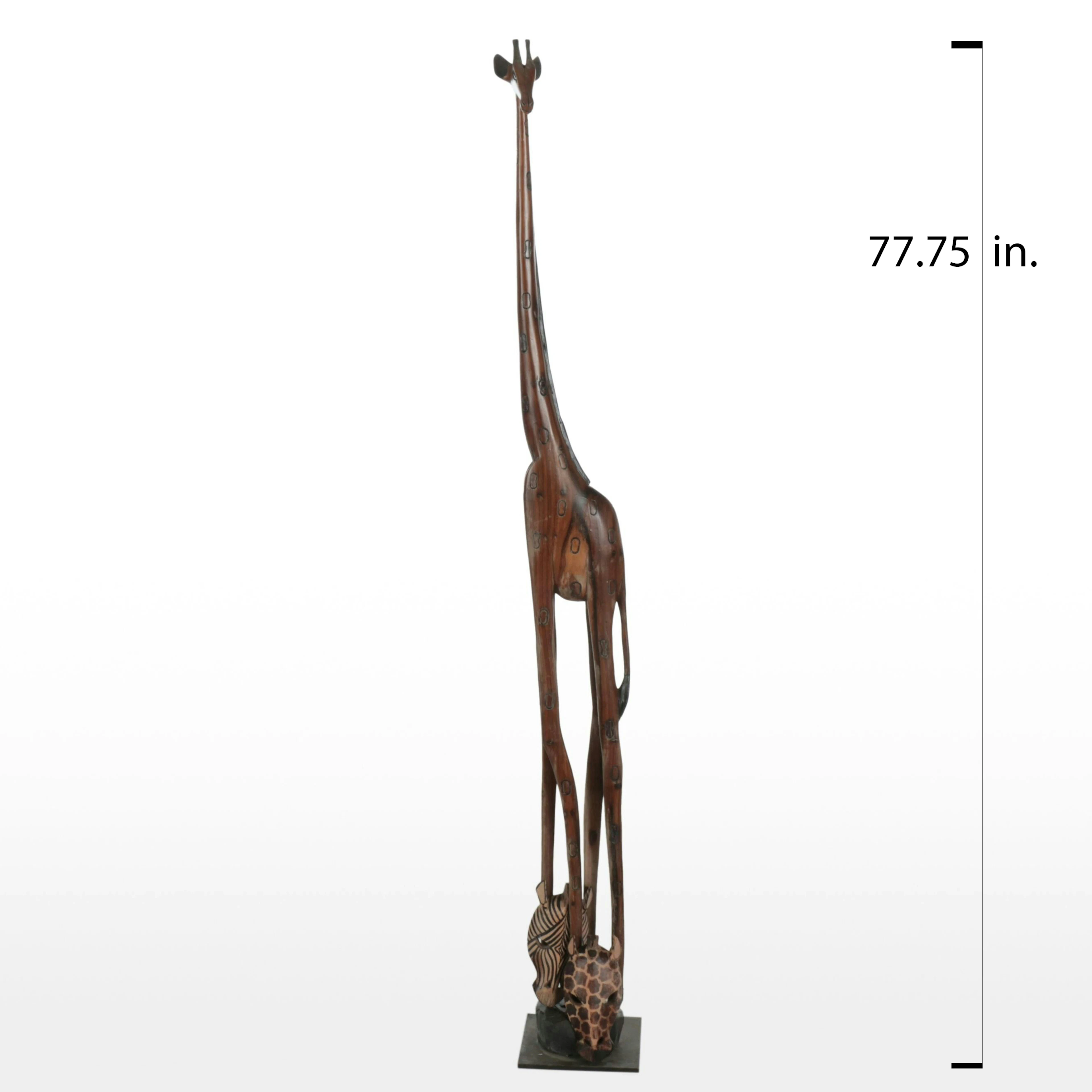 Zimbabwe Style Carved Giraffe Sculpture with Souvenir Masks