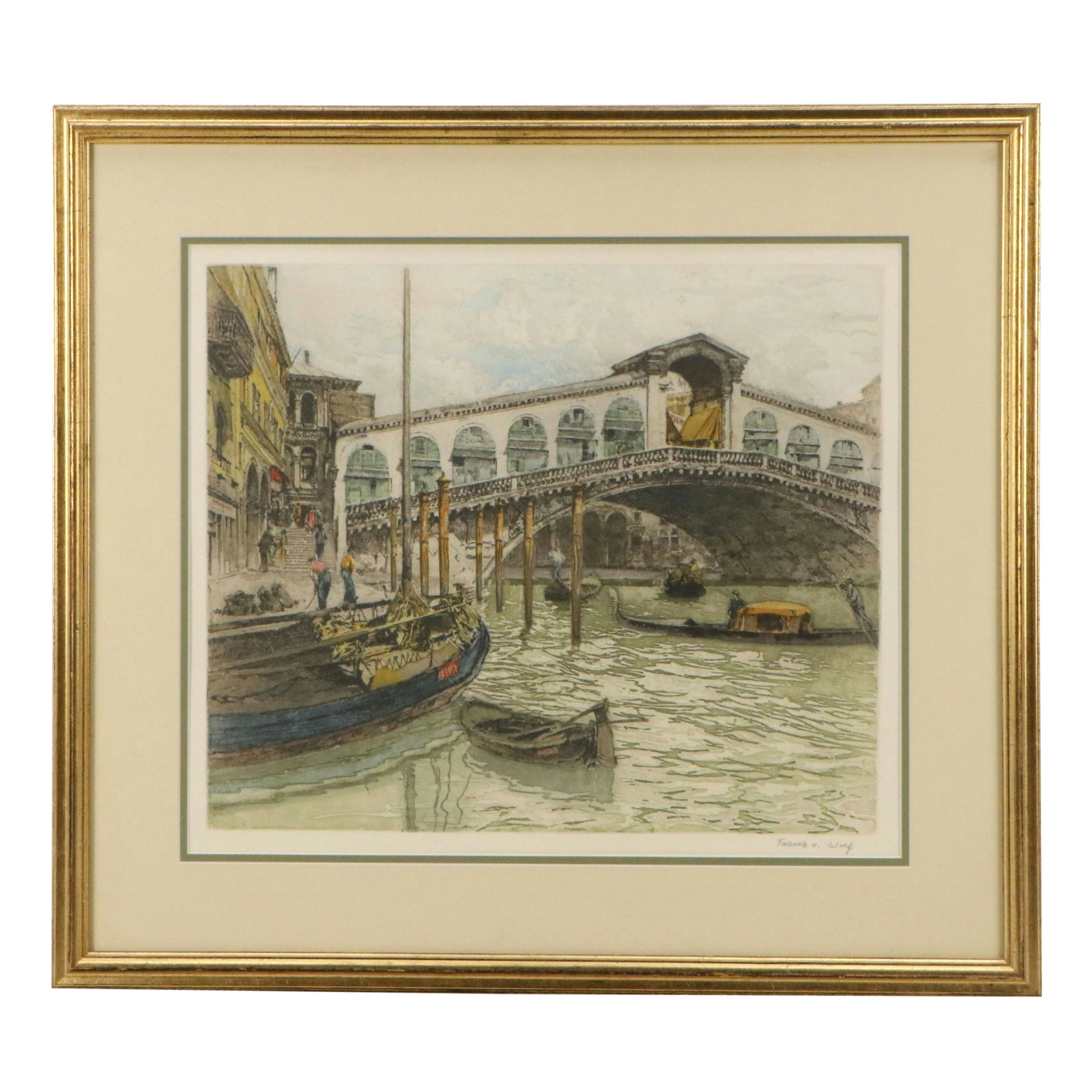 Franz Xaver Wolf Etching à la Poupée of Venetian Bridge, 20th Century