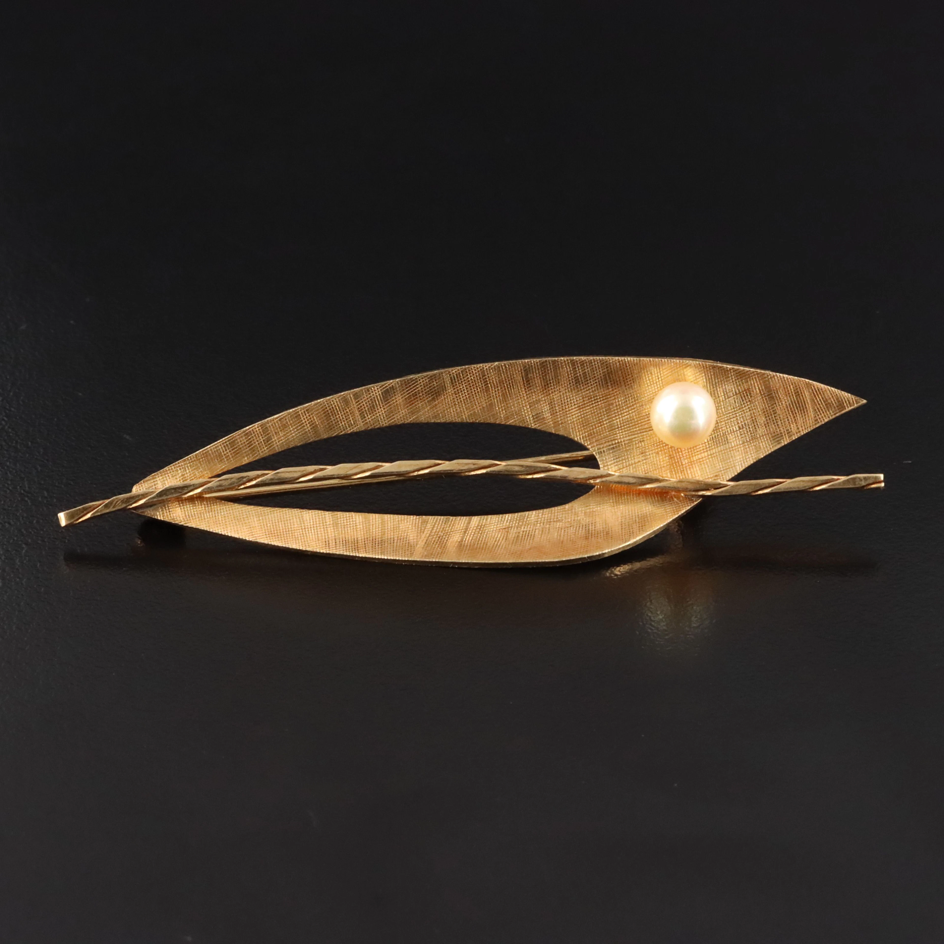 Vintage 14K Pearl Abstract Leaf Brooch with Florentine Finish