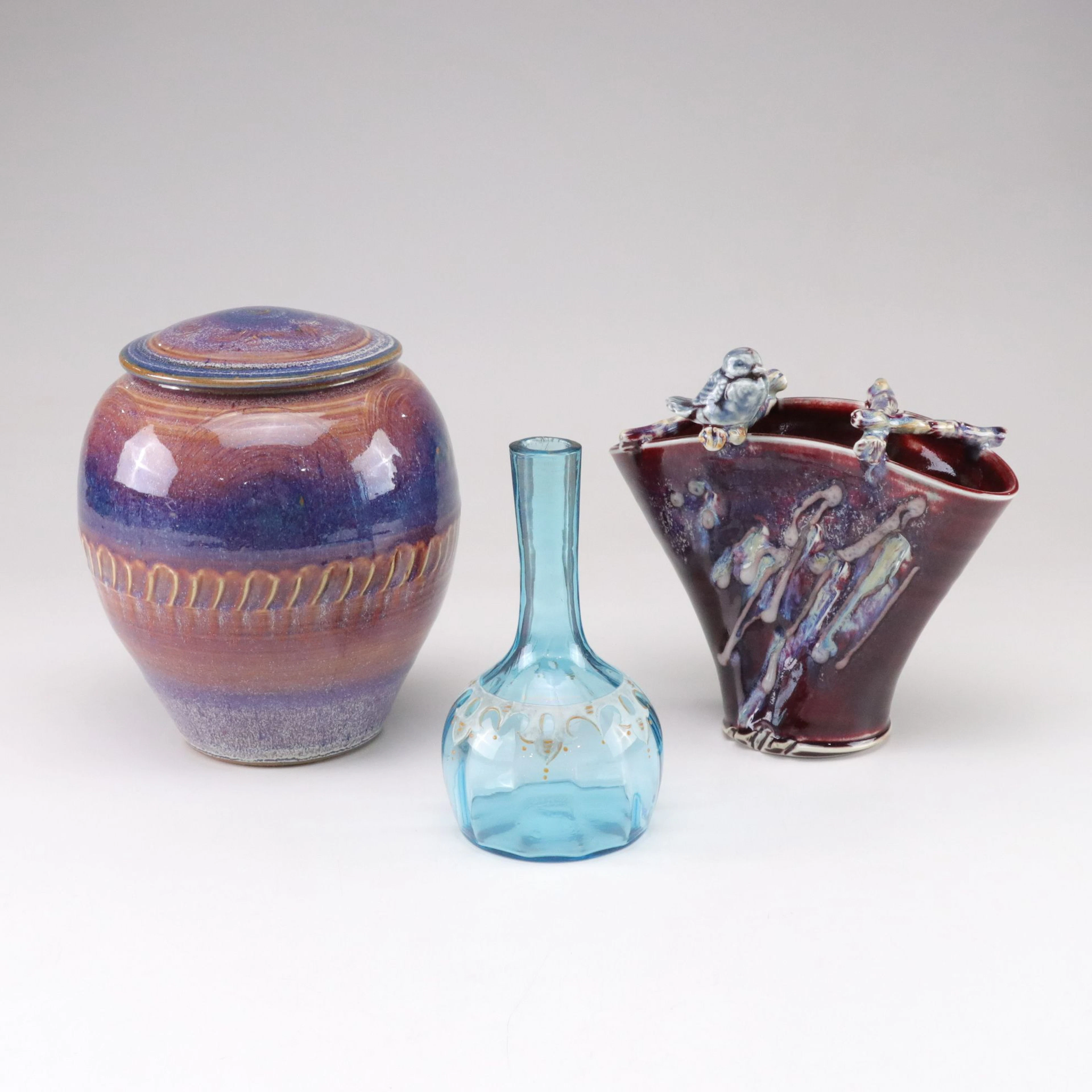 Hand-Blown Venetian Glass Bud Vase, Signed Urn & Ceramic Vase