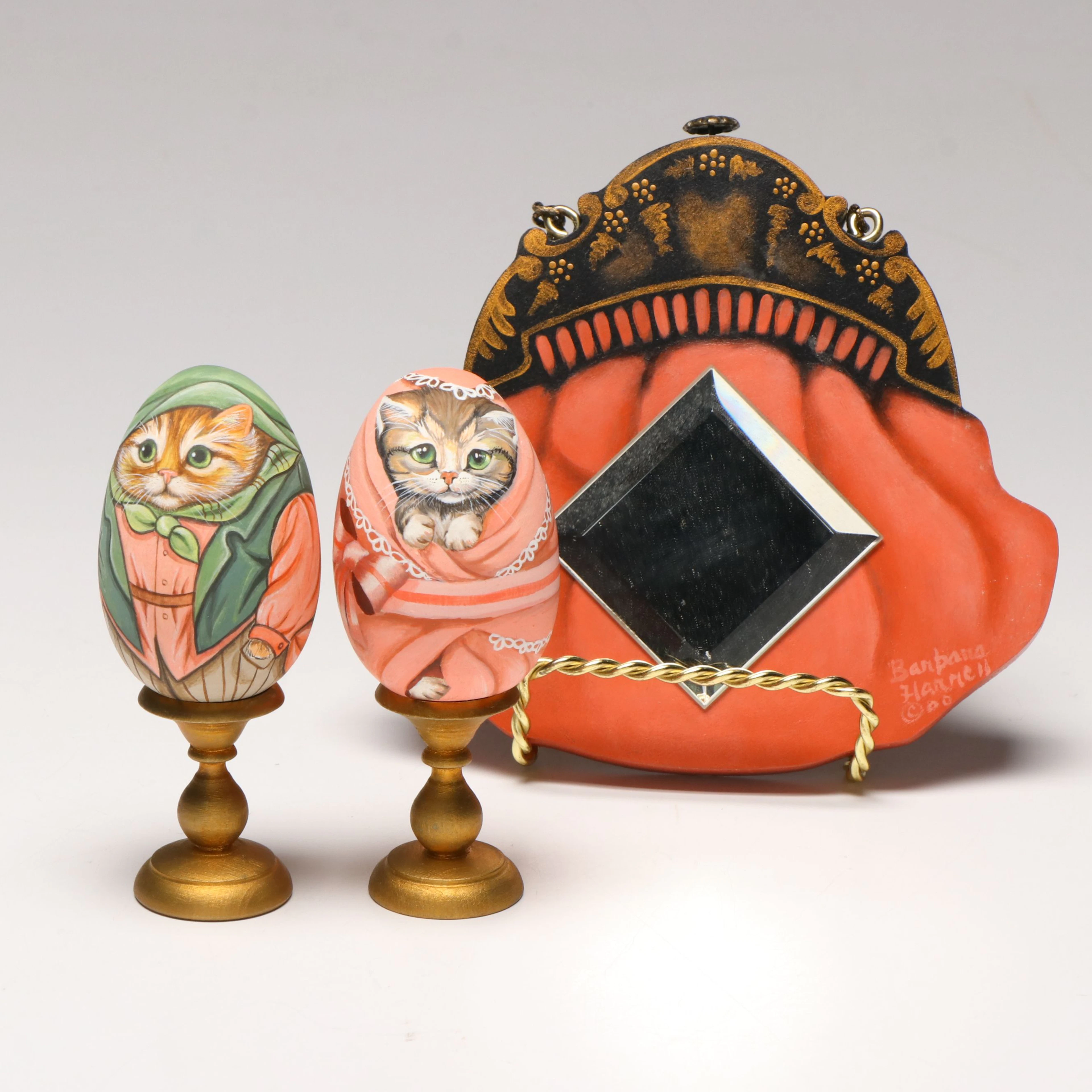Russian Hand-Painted Wood Egg-Shaped Cats with Purse Wall Mirror