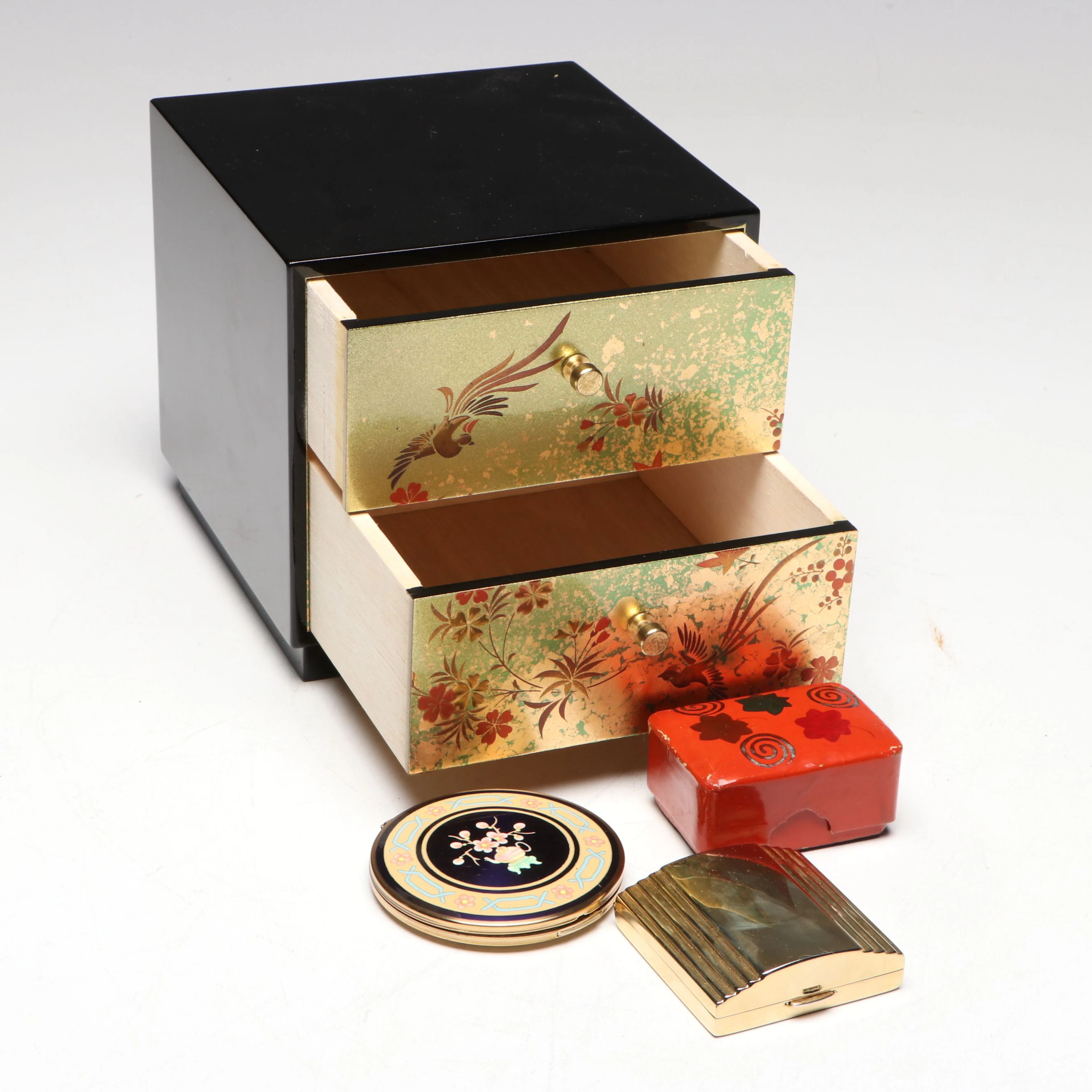 Japanese Lacquerware Box with Stratton and Estée Lauder Compacts and More