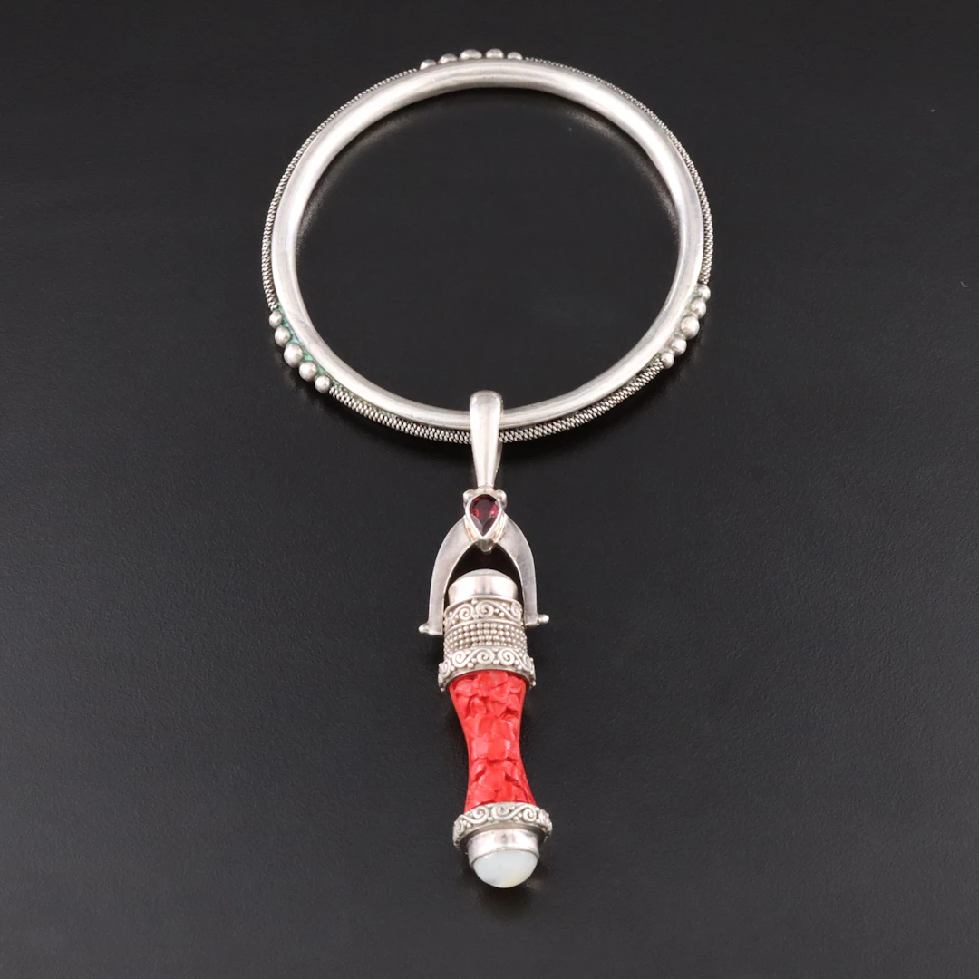Sajen Sterling Mother-of-Pearl, Cinnabar and Garnet Pendant on Bangle