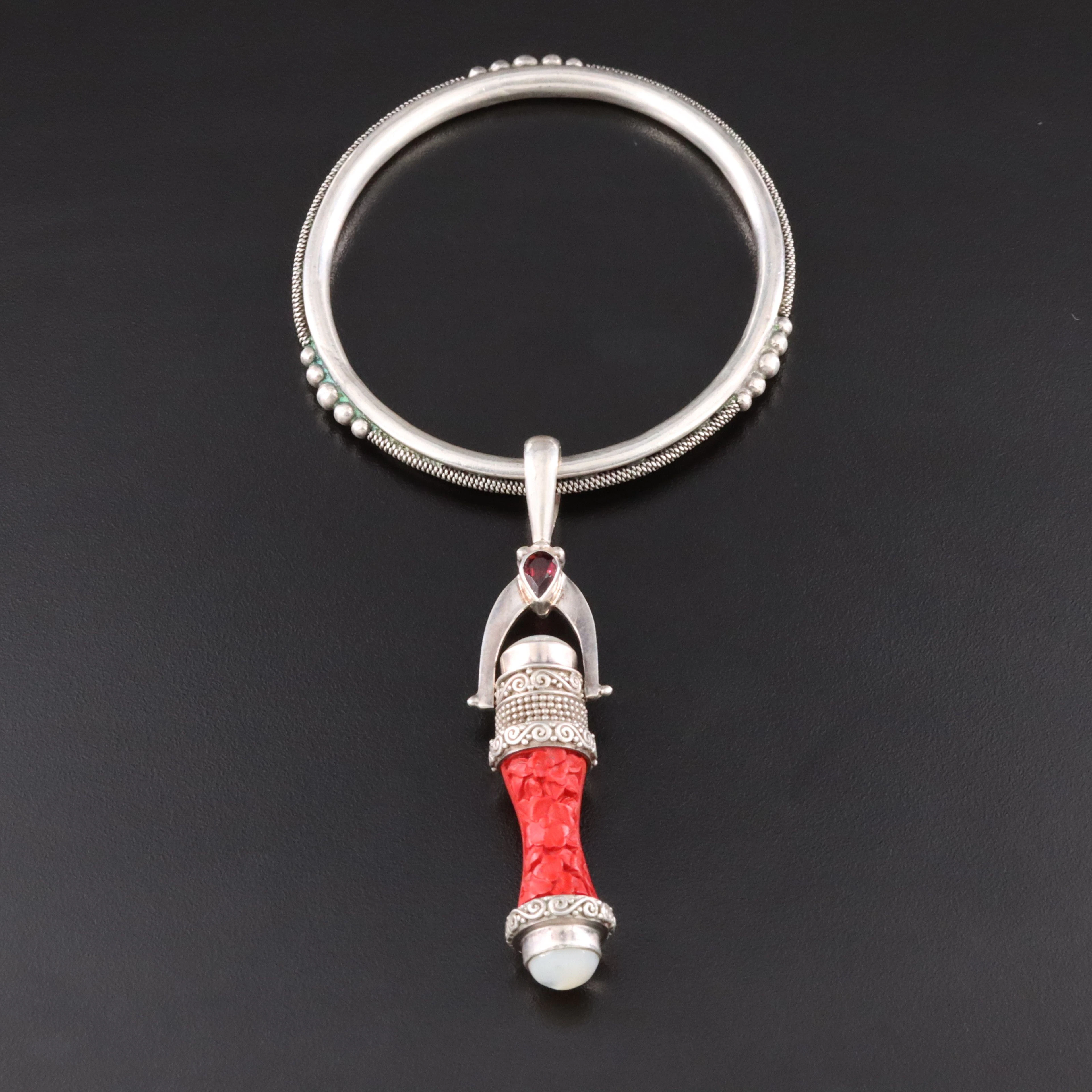 Sajen Sterling Mother-of-Pearl, Cinnabar and Garnet Pendant on Bangle