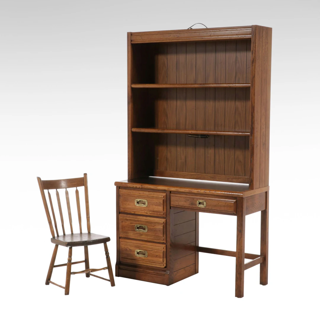 Young-Hinkle "Outrigger" Oak Desk and Hutch with Spindle-Back Chair