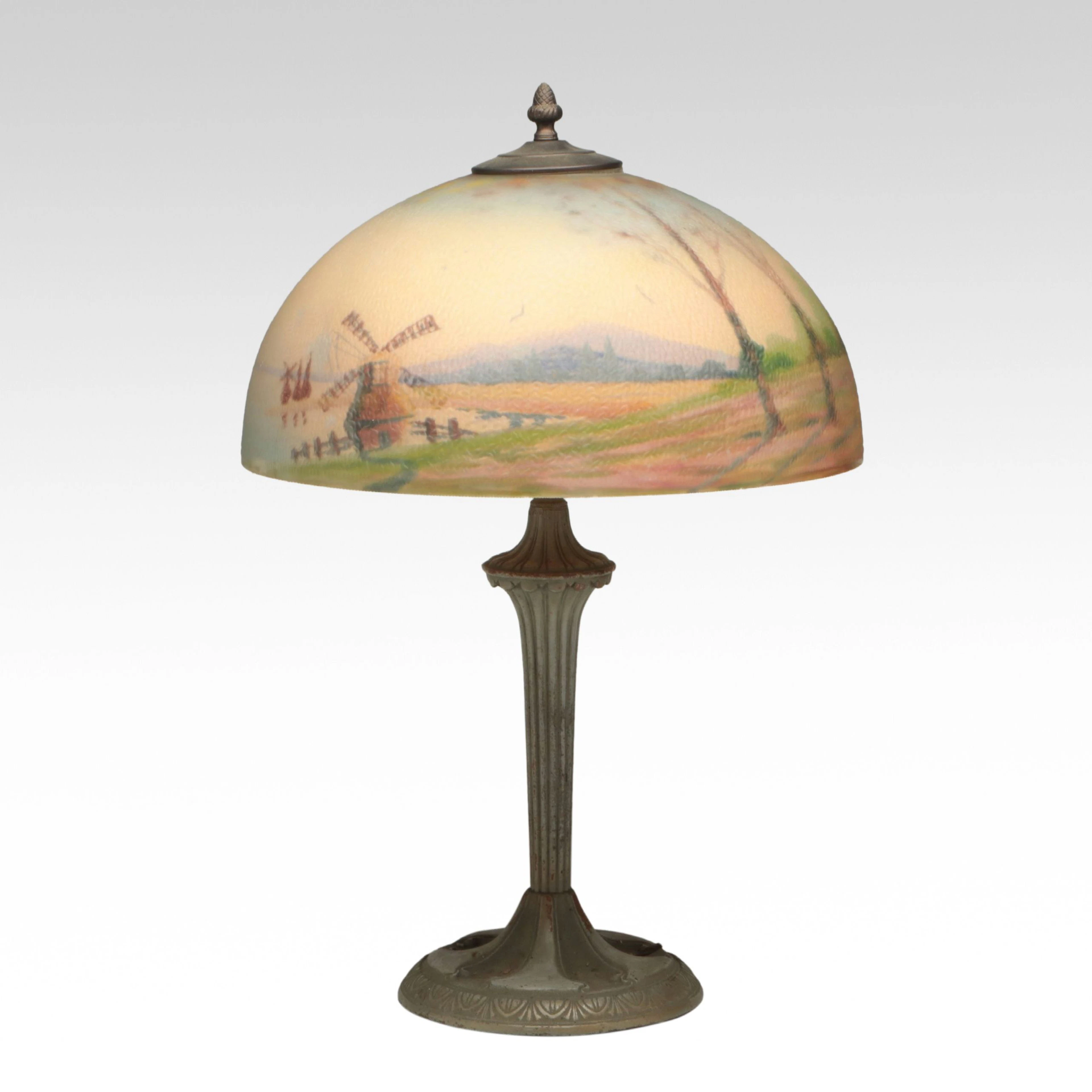 Art Deco Style Spelter Lamp with Reverse Painted Glass Landscape Shade