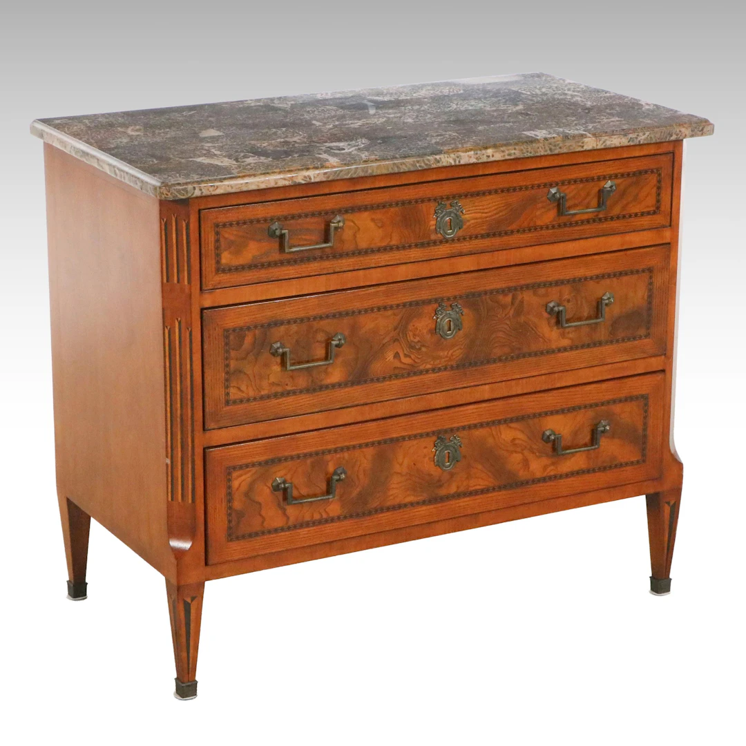 Neoclassical Style Tessellated Stone Top Inlaid Mahogany Three-Drawer Chest