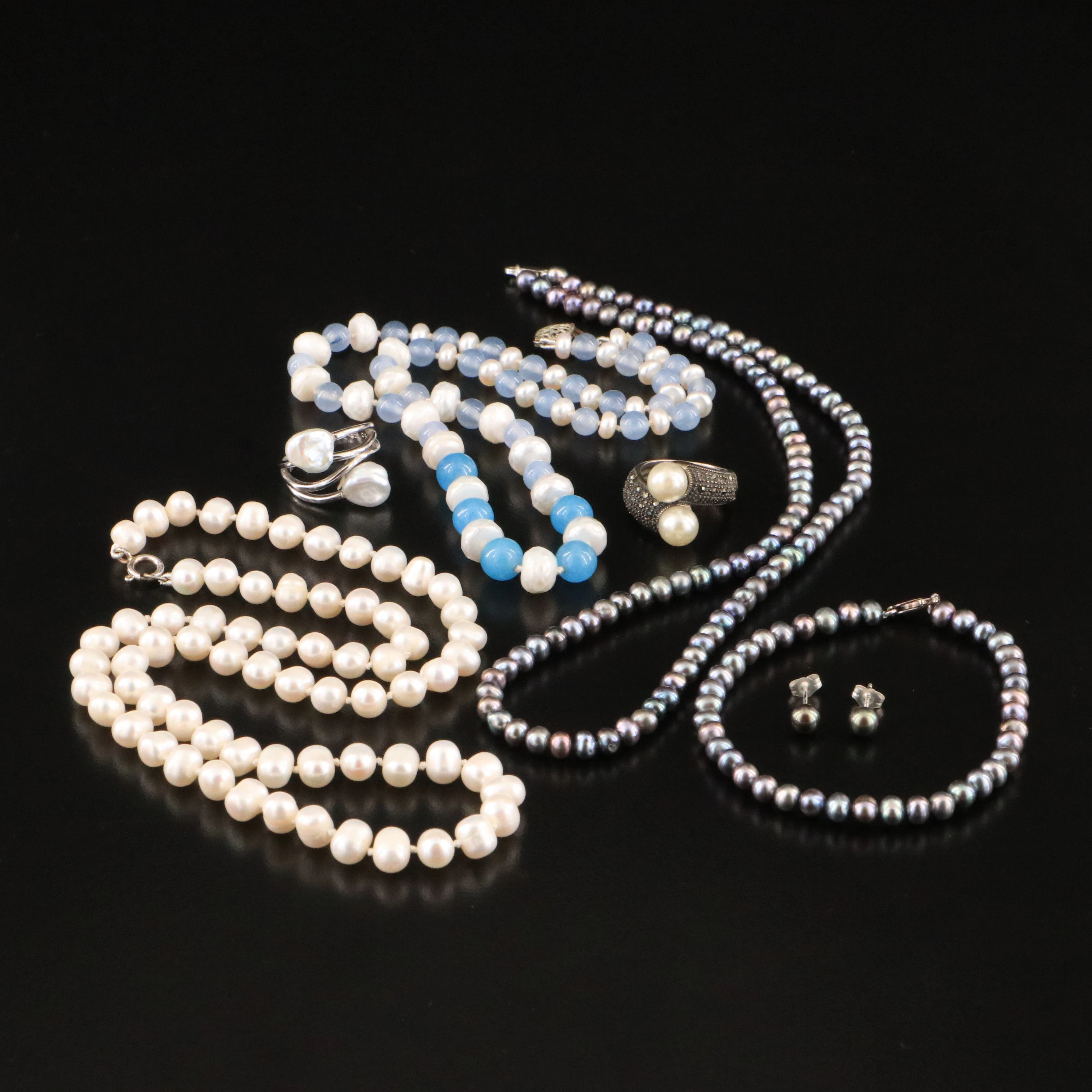 Sterling Pearl Jewelry Including Faux Pearl and Marcasite