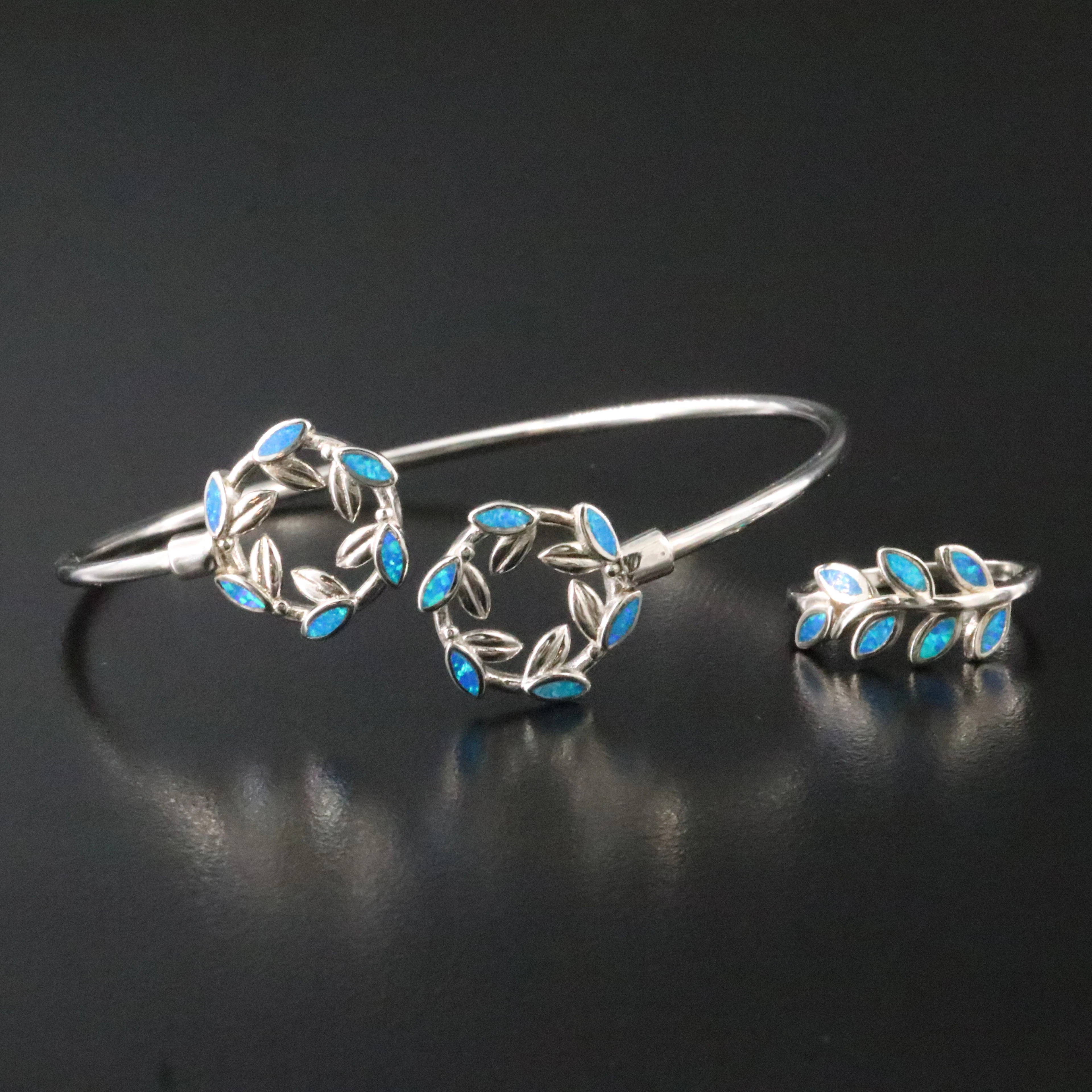 Karyatis Sterling Opal Olive Leaf Flex Bracelet and Ring