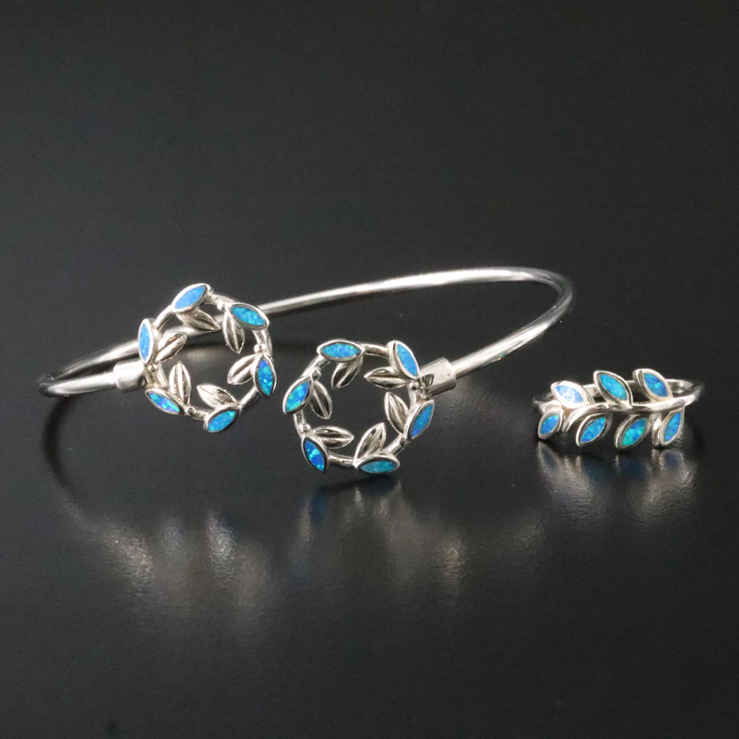 Karyatis Sterling Opal Olive Leaf Flex Bracelet and Ring