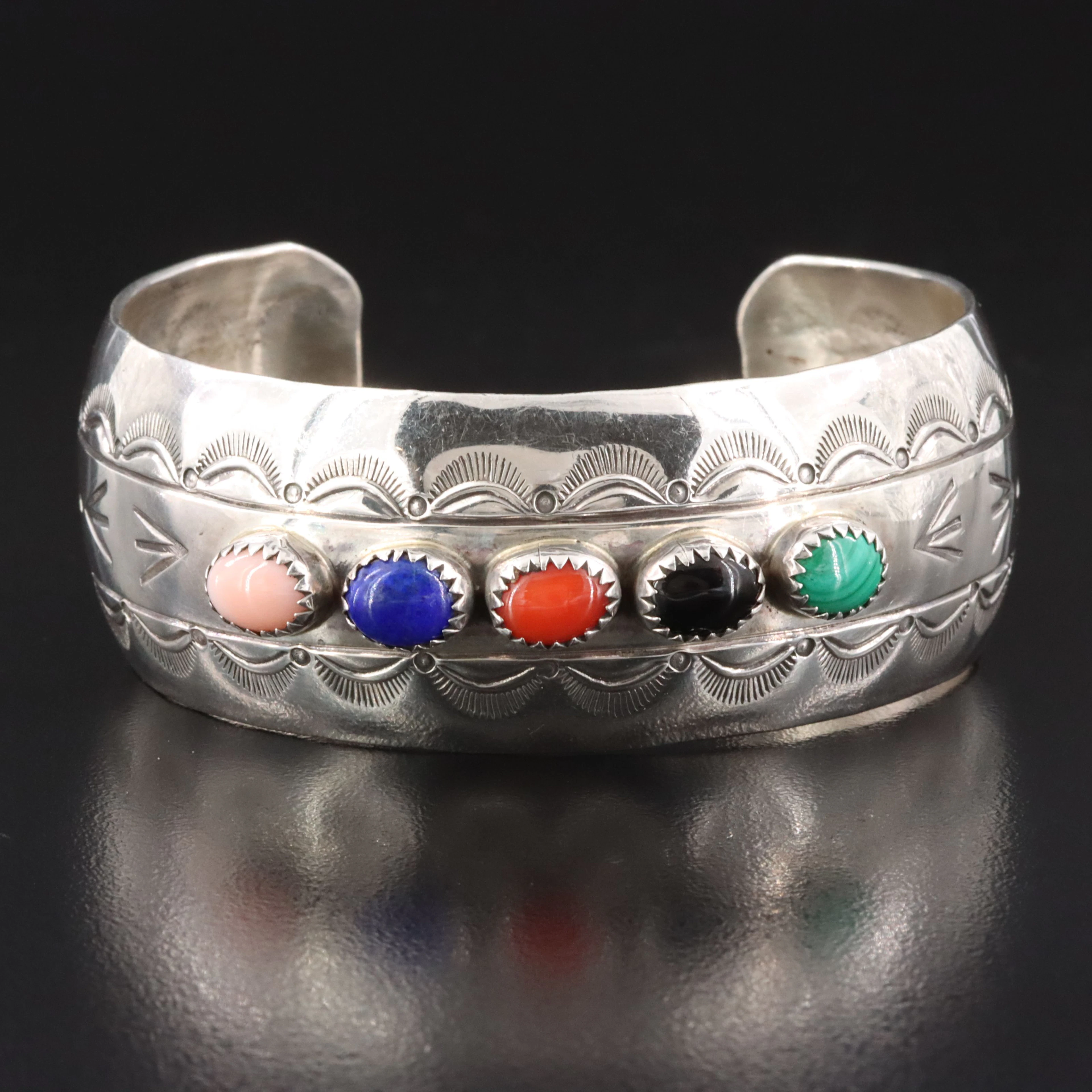 Southwestern Sterling and Stampwork Cuff Featuring Coral and Lapis Lazuli