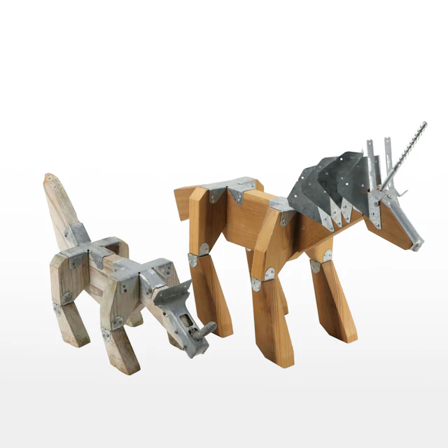 Unicorn and Dinosaur Wood and Metal Hardware Sculptures