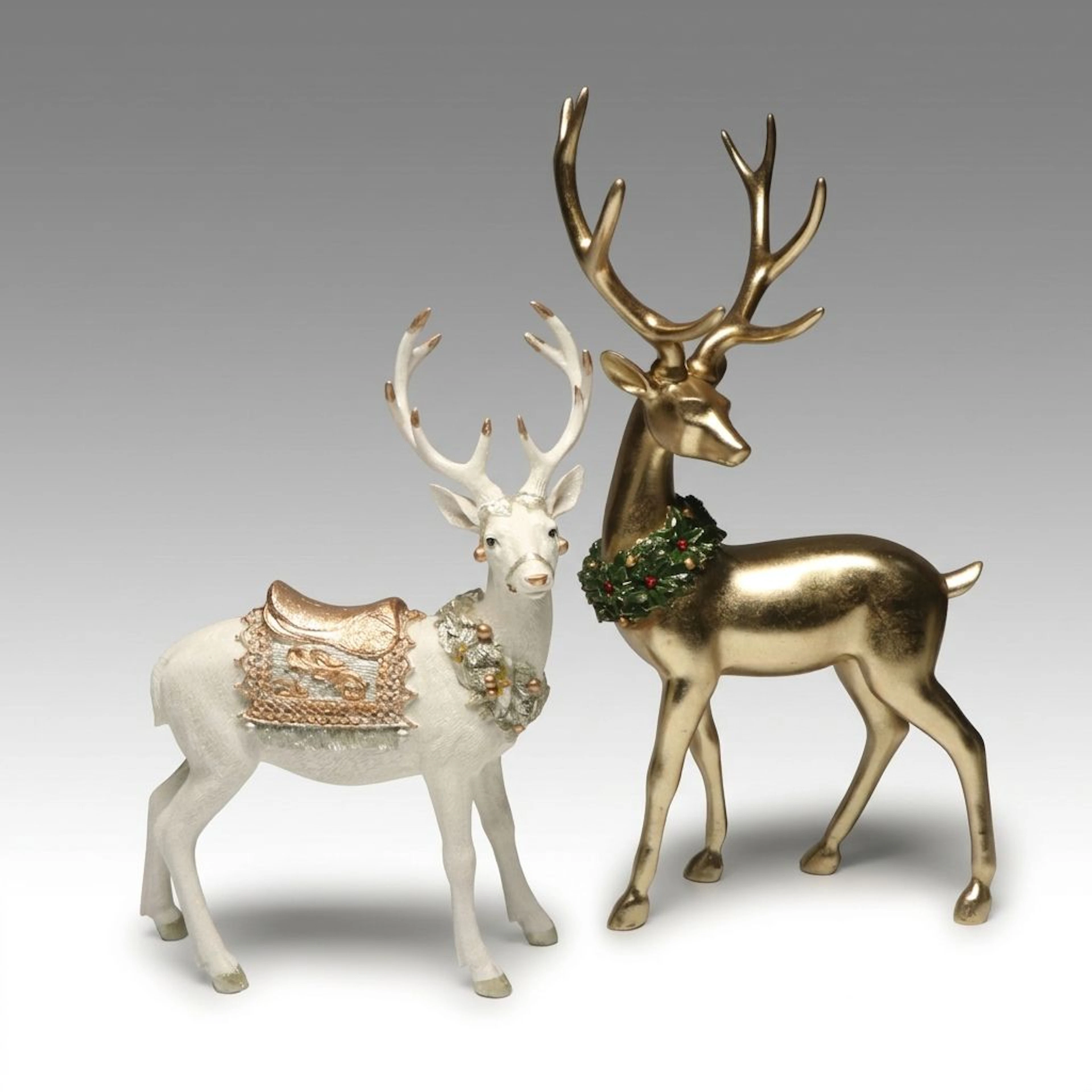 White and Gold Finish Reindeer Figurines, Contemporary