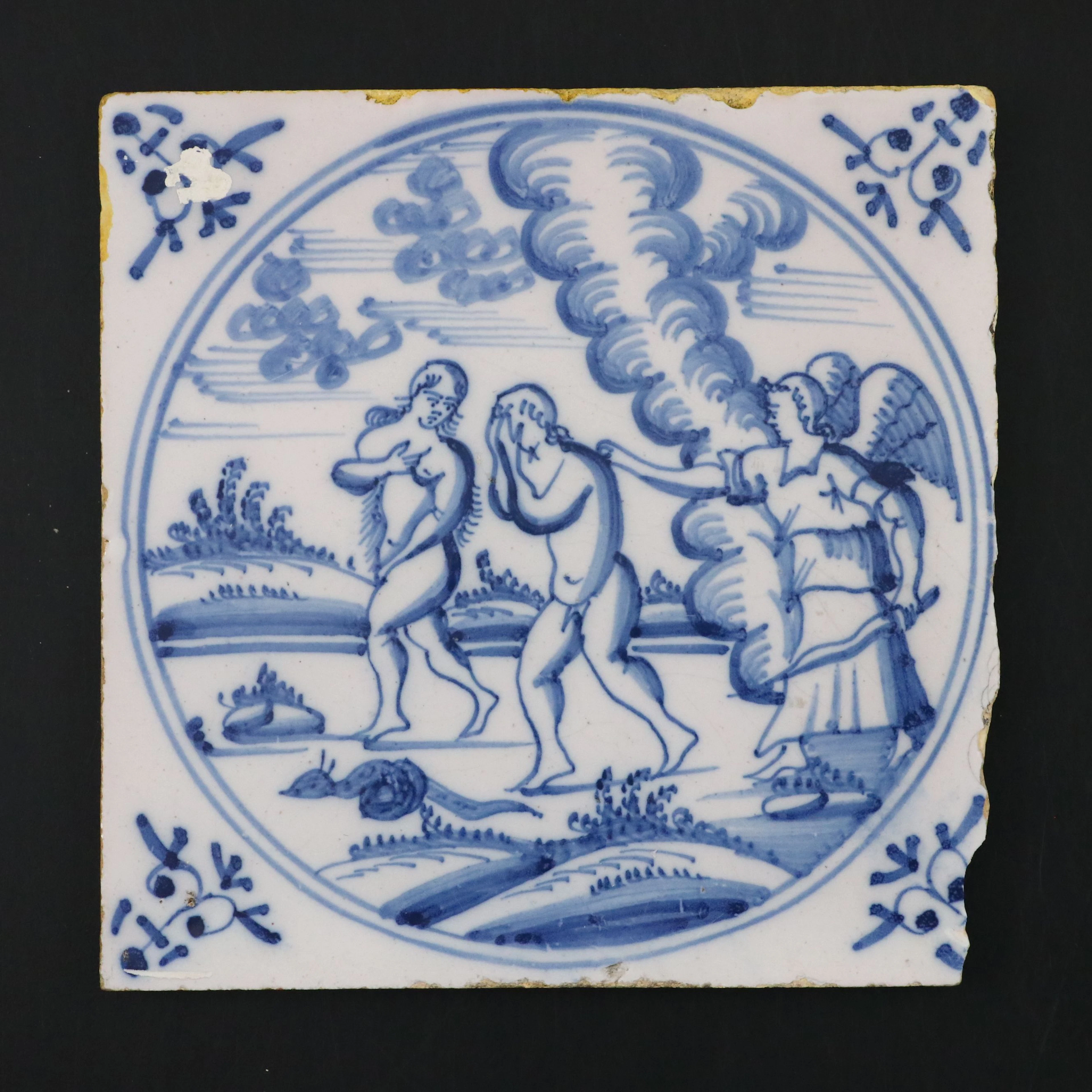 Antique Delft Blue and White Biblical Scene Tile, 17th–18th Century