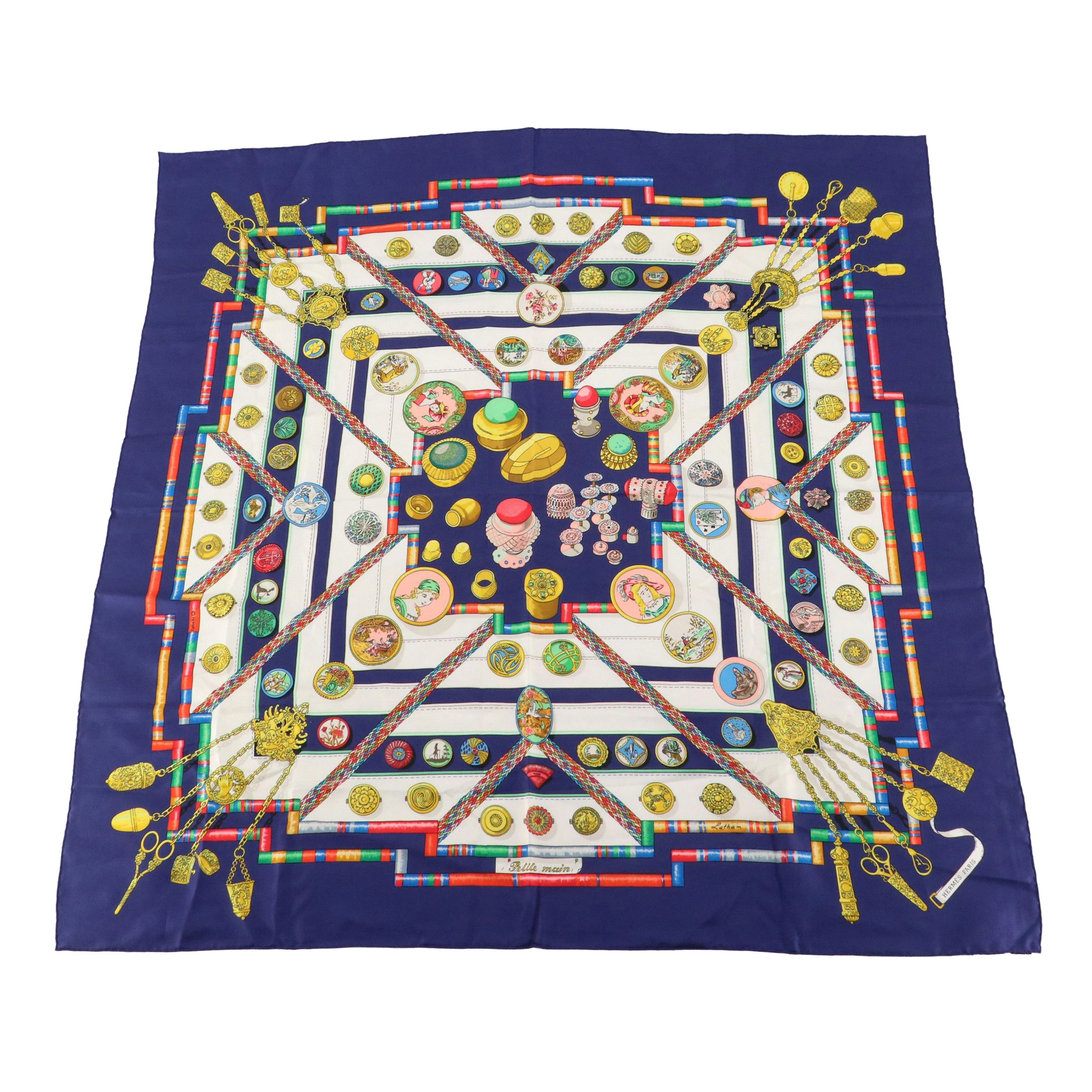 Hermès "Petit Main" Scarf 90 in Navy Blue Silk Twill