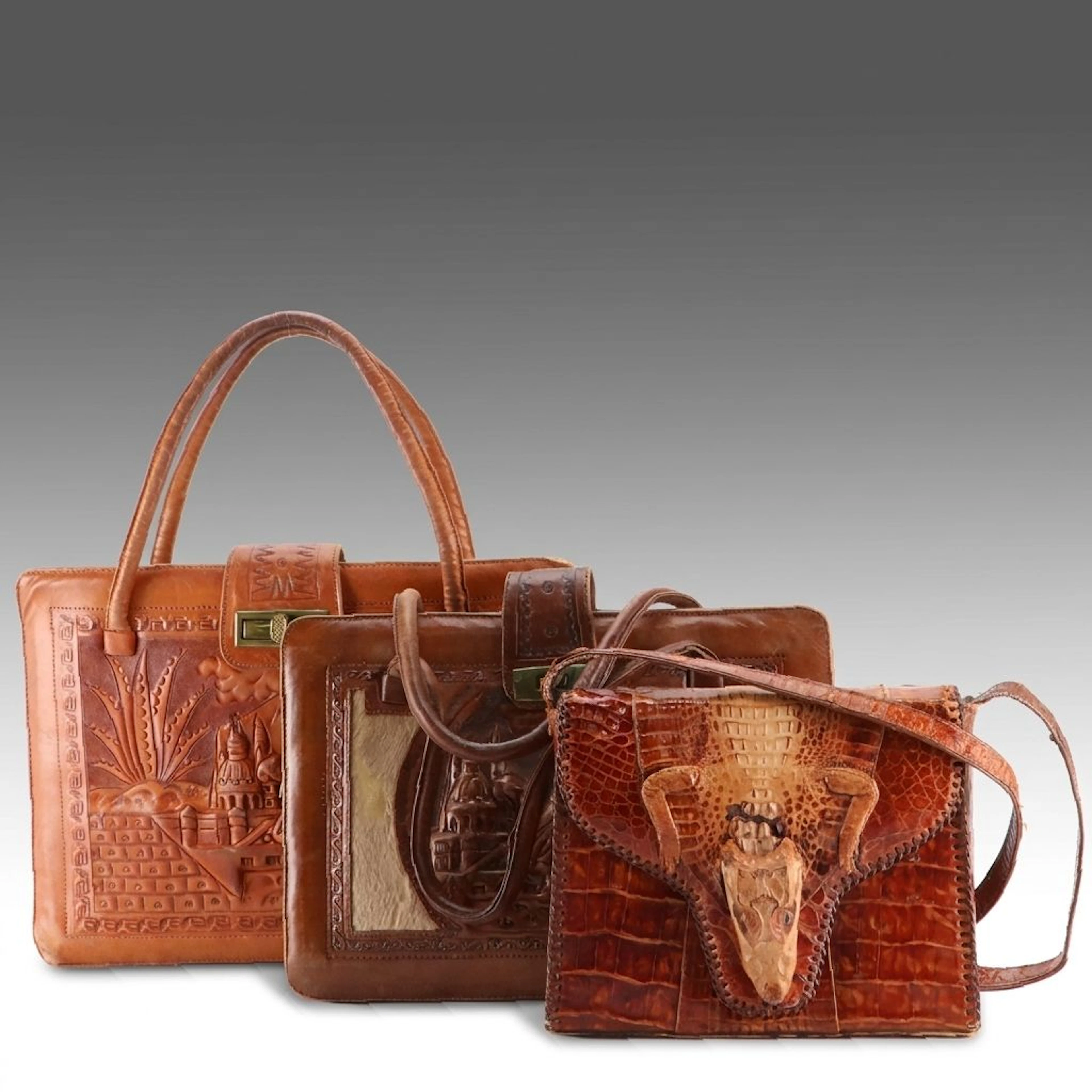 Cuban Caiman Alligator Purse with Mexican Tooled Leather Shoulder Bags, Vintage