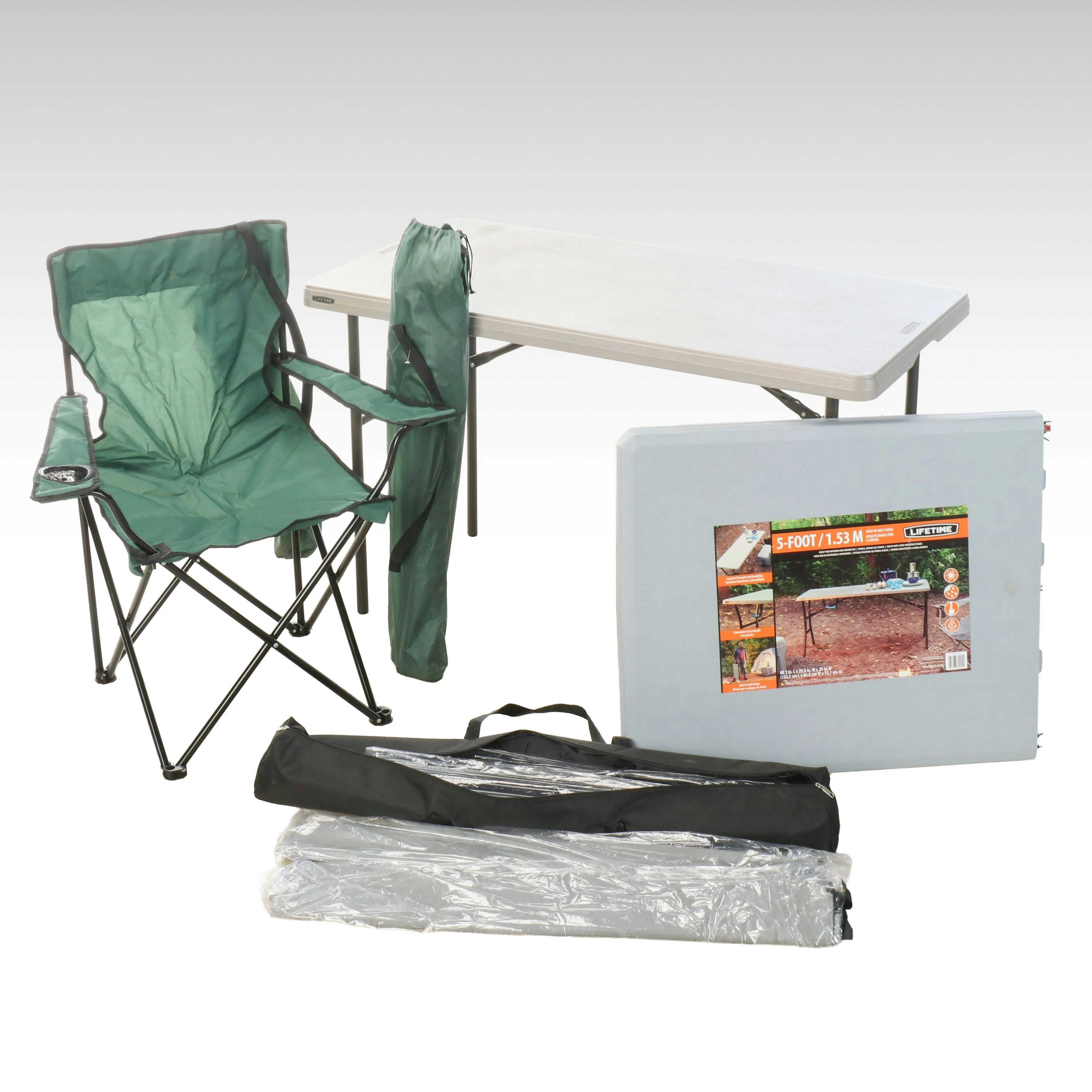 Two Lifetime Folding Tables with Camp Chairs, Canopy and More Camping Gear
