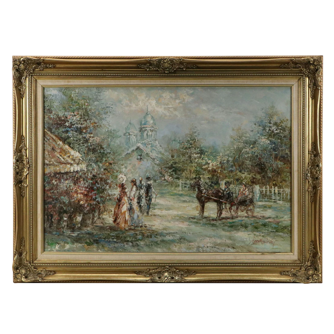 Oil Painting of Streetscape, Mid to Late 20th Century