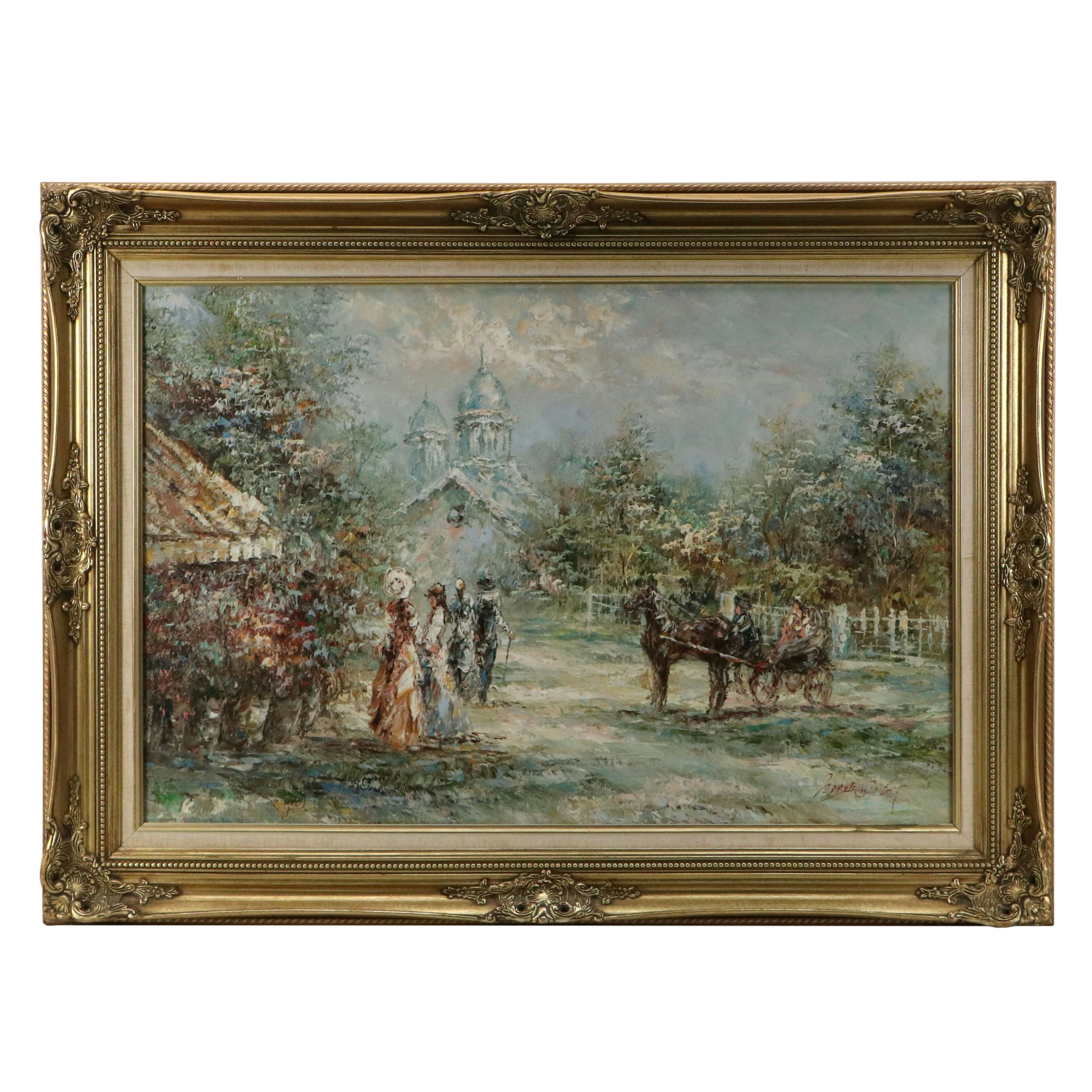 Oil Painting of Streetscape, Mid to Late 20th Century