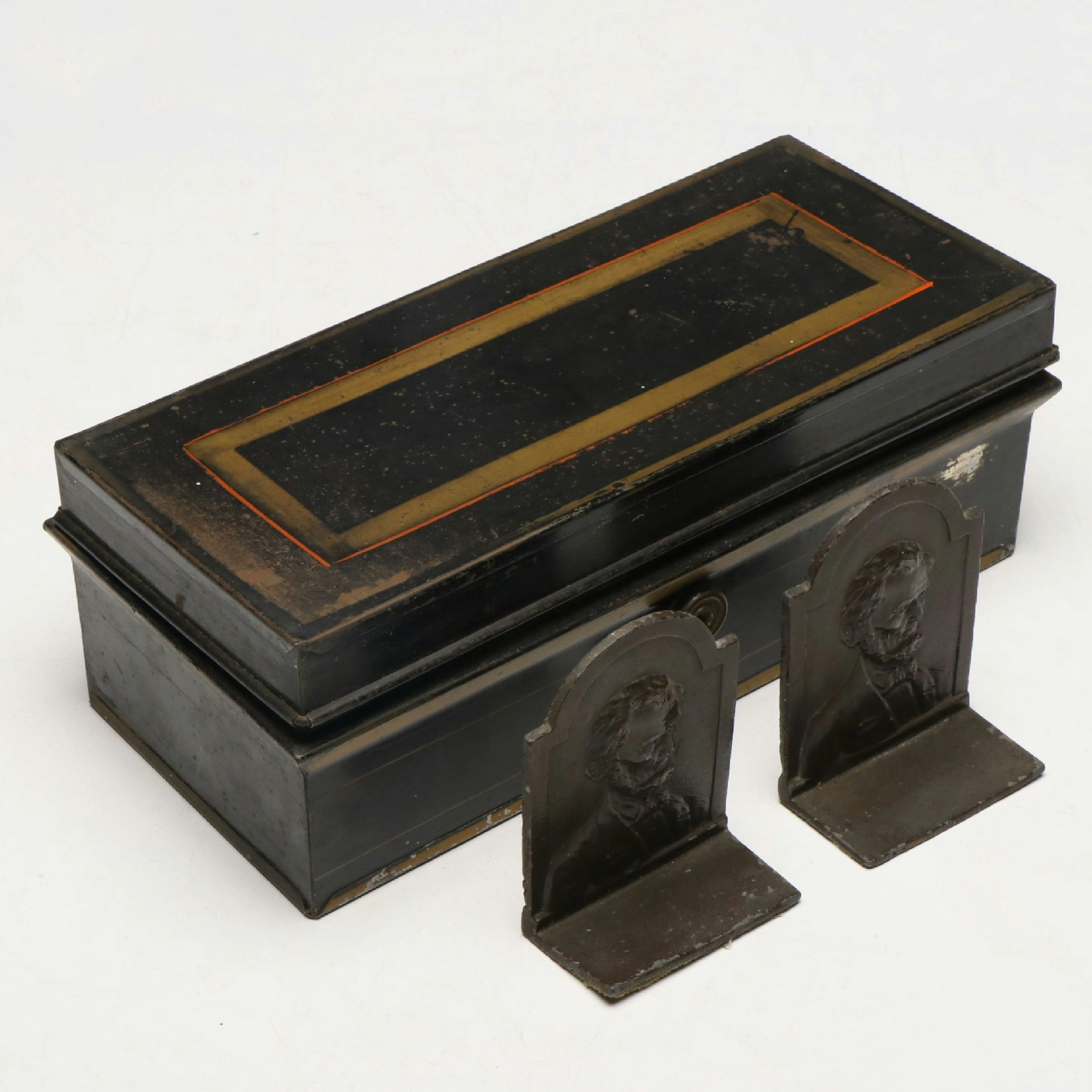 Abraham Lincoln Cast Iron Bookends with Metal Toleware Cash Box