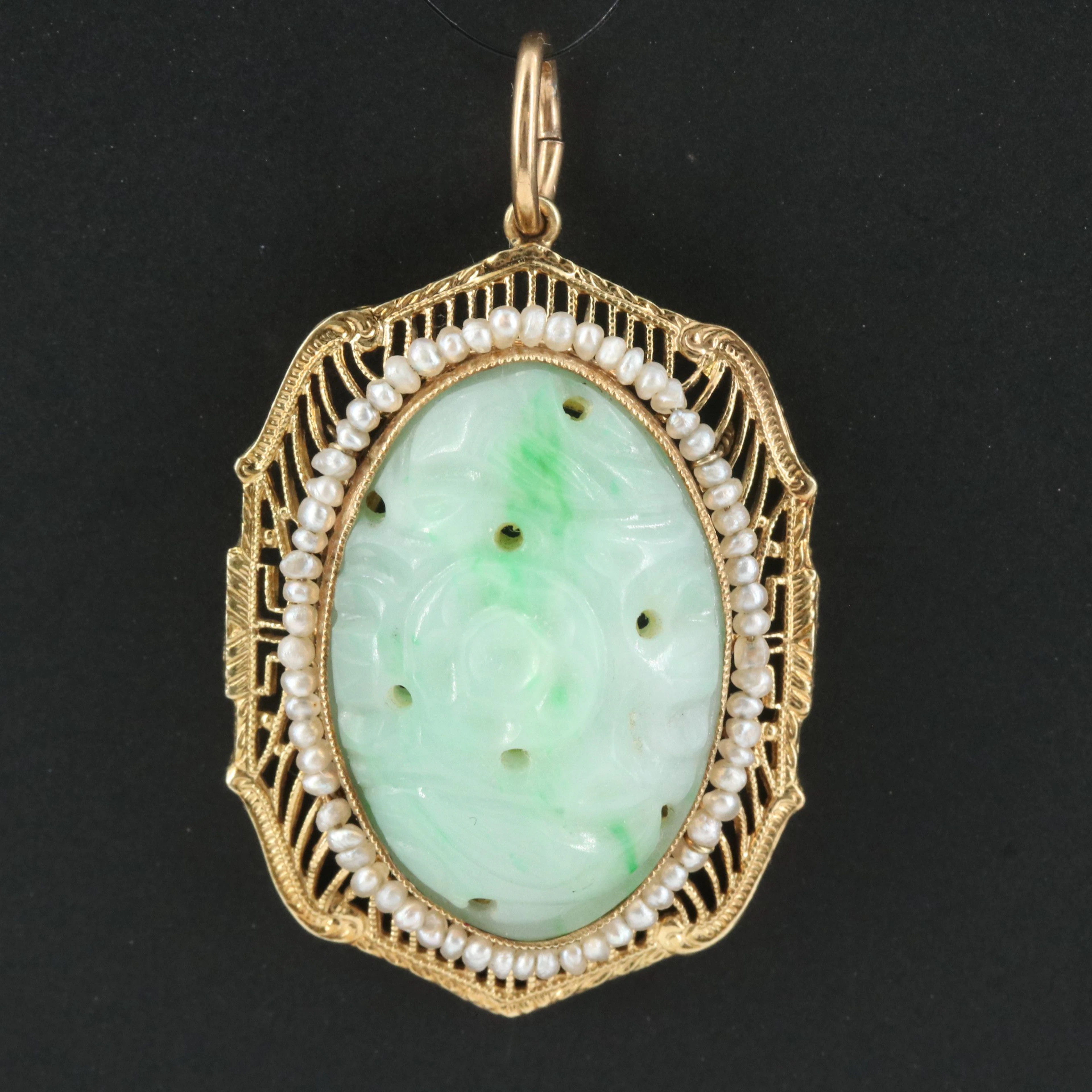 Art Deco 14K Carved Serpentine and Seed Pearl Latticework Pendant