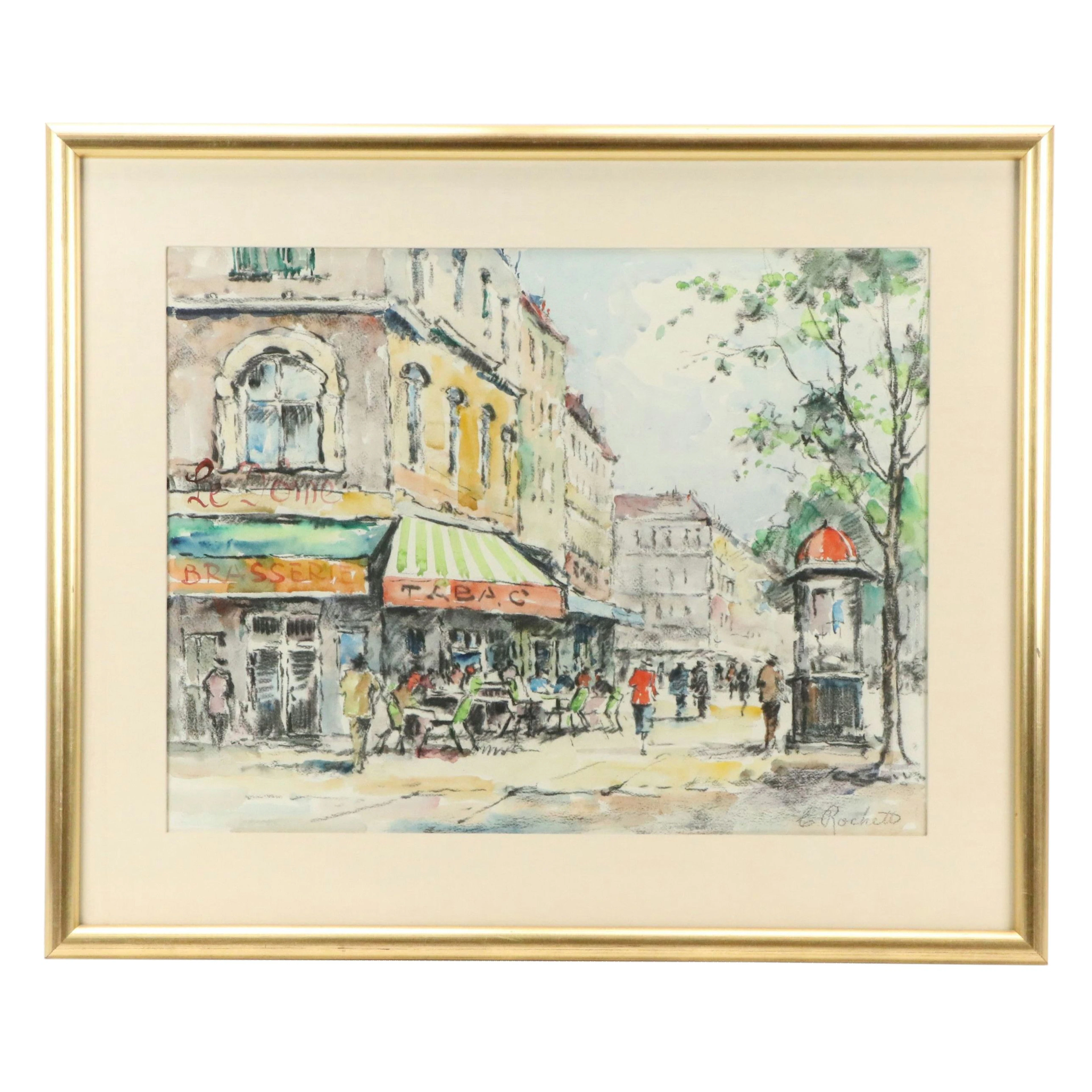 E. Rochett Parisian Cityscape Mixed Media Drawing