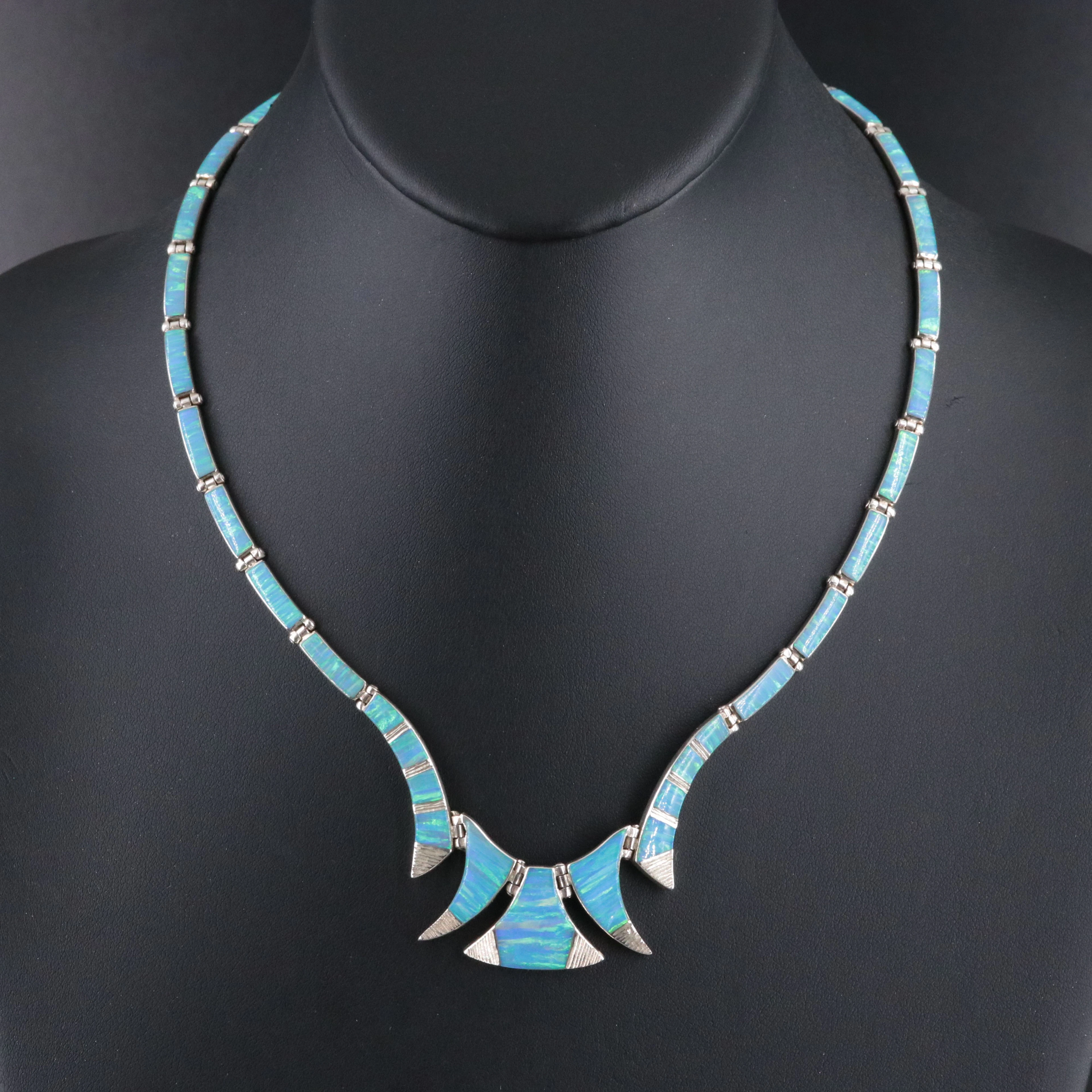 Mexican 960 Silver Opal Inlay Collar Necklace