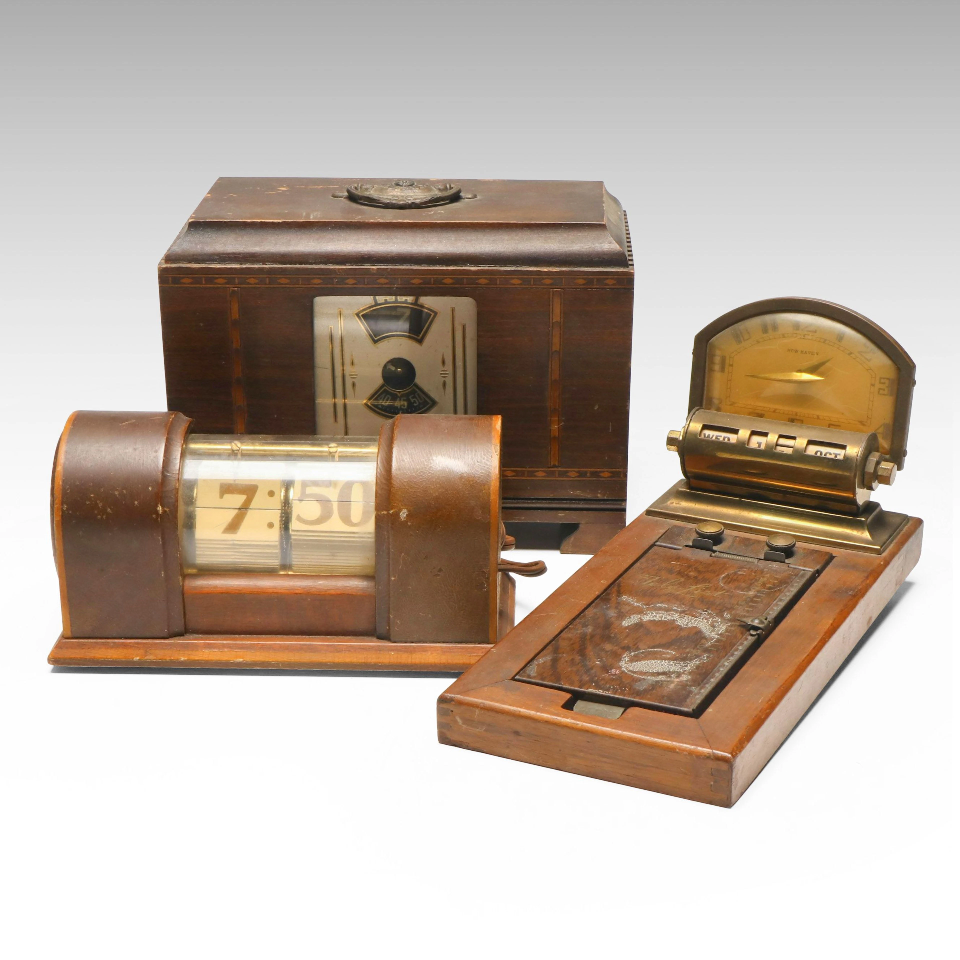 New Haven "Tele-List" Desk Clock with More Art Deco Table Clocks, Mid-20th C.