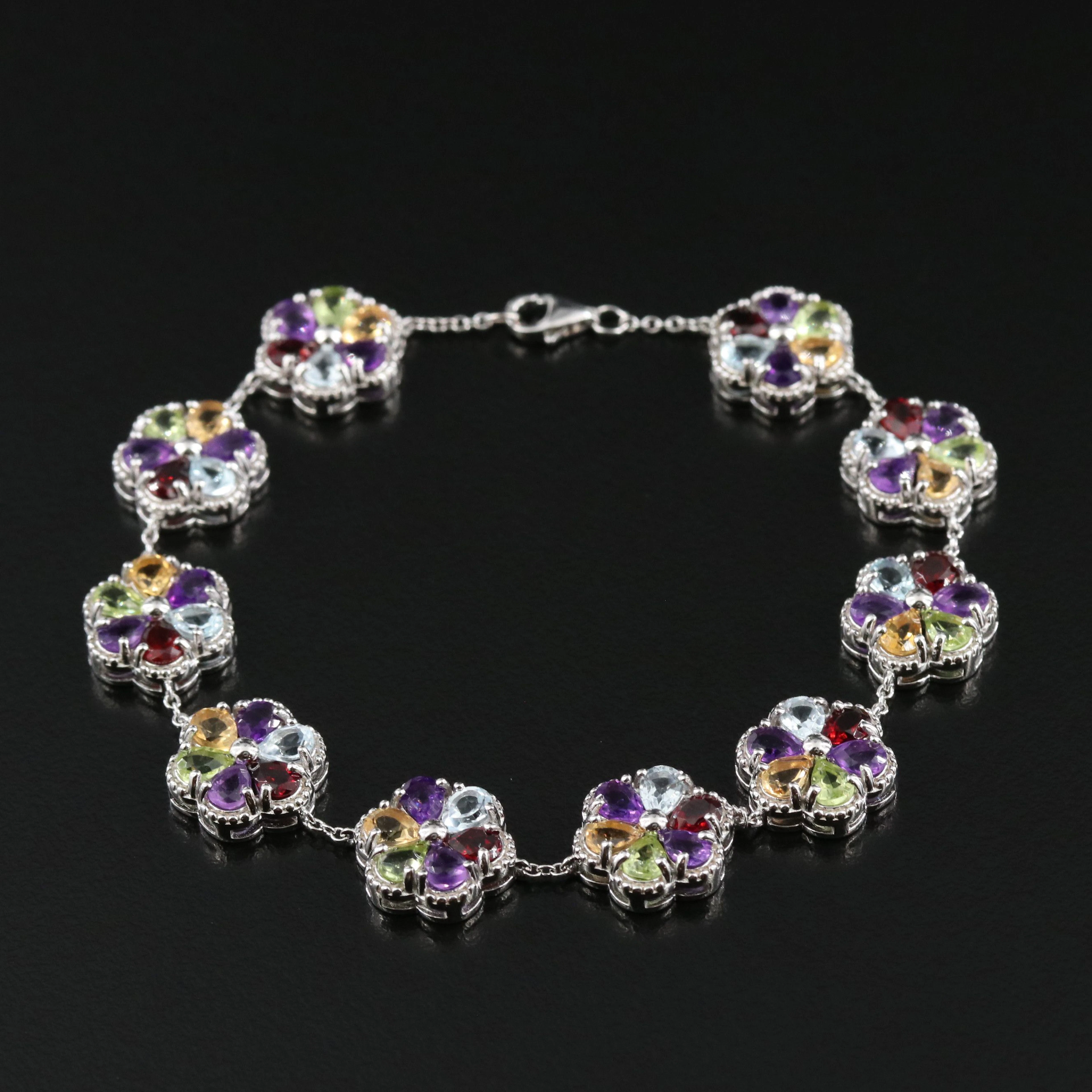 Sterling Gemstone Flower Bracelet