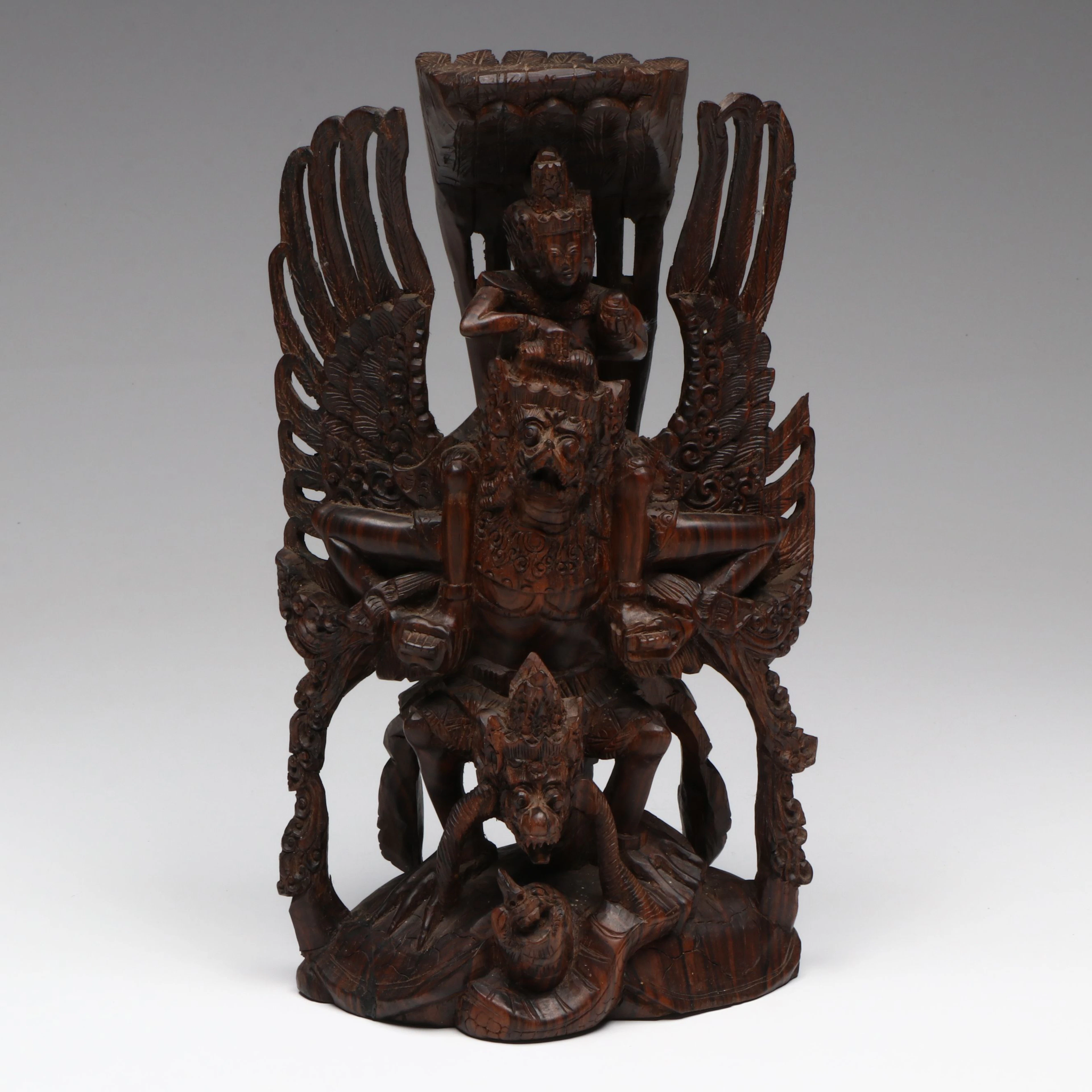 Indonesian Carved Wood Vishnu Garuda on Naga Statue, 20th Century