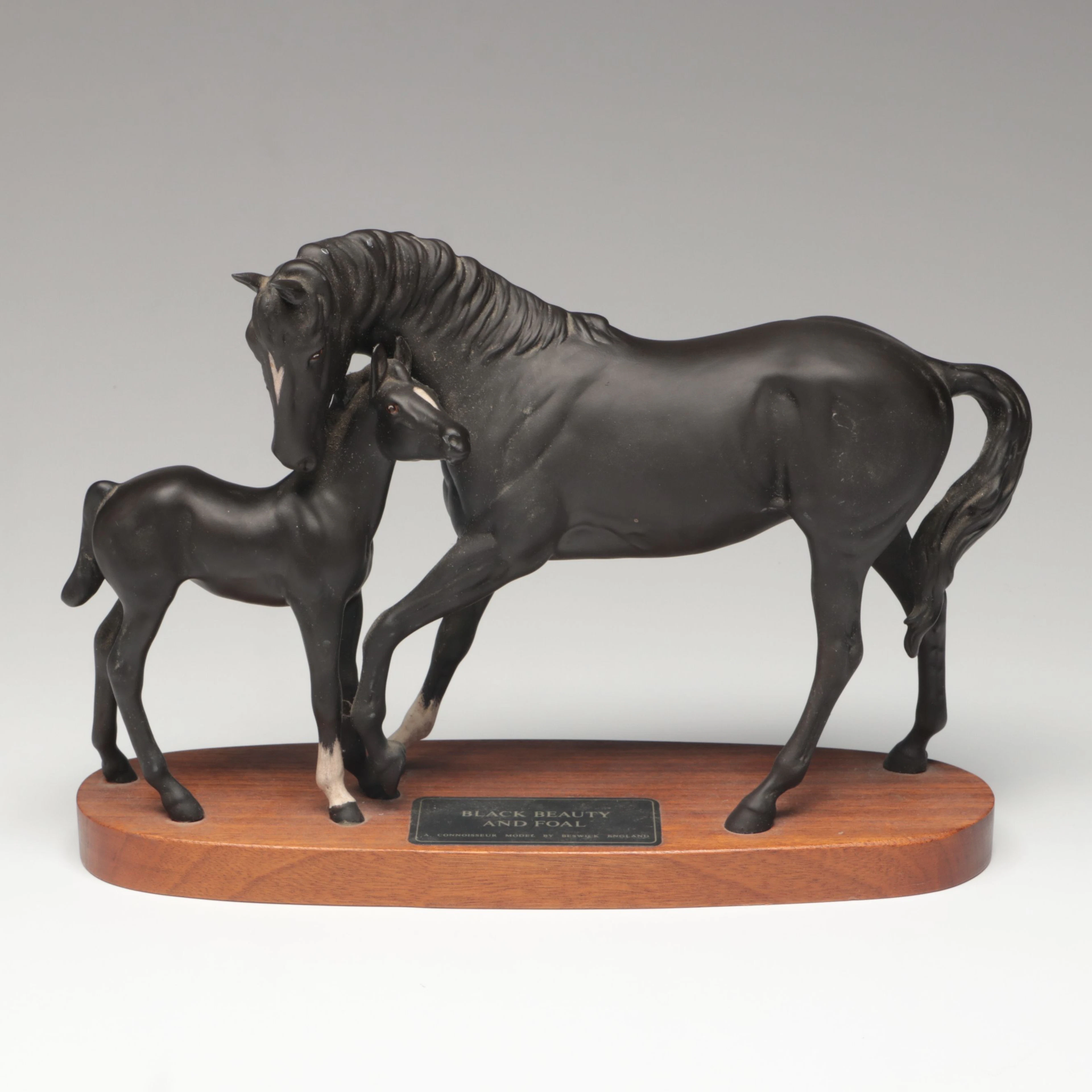 Beswick "Black Beauty and Foal" Ceramic Figurine on Wood Base