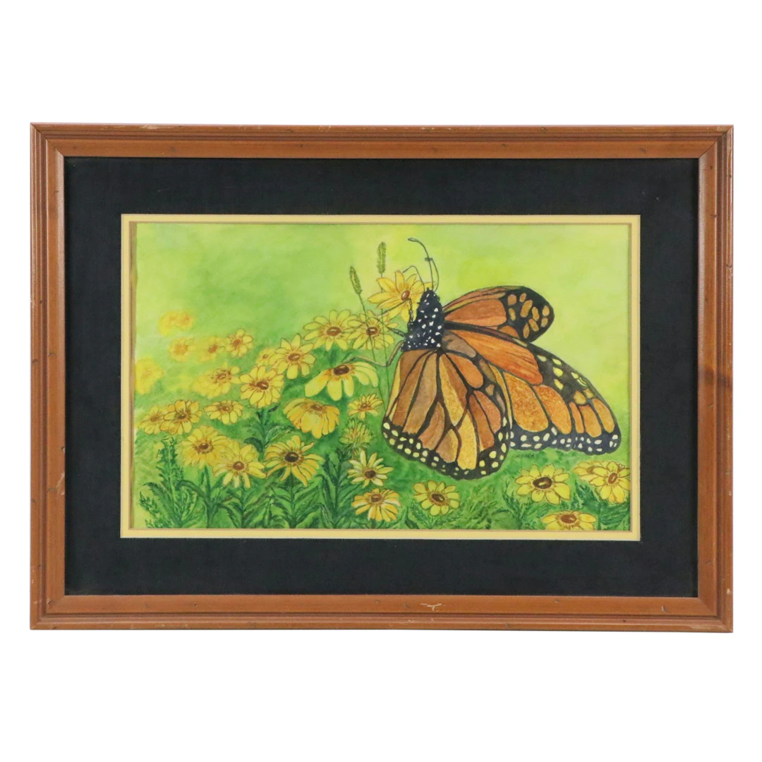 Stylized Watercolor Painting of Butterfly and Yellow Flowers