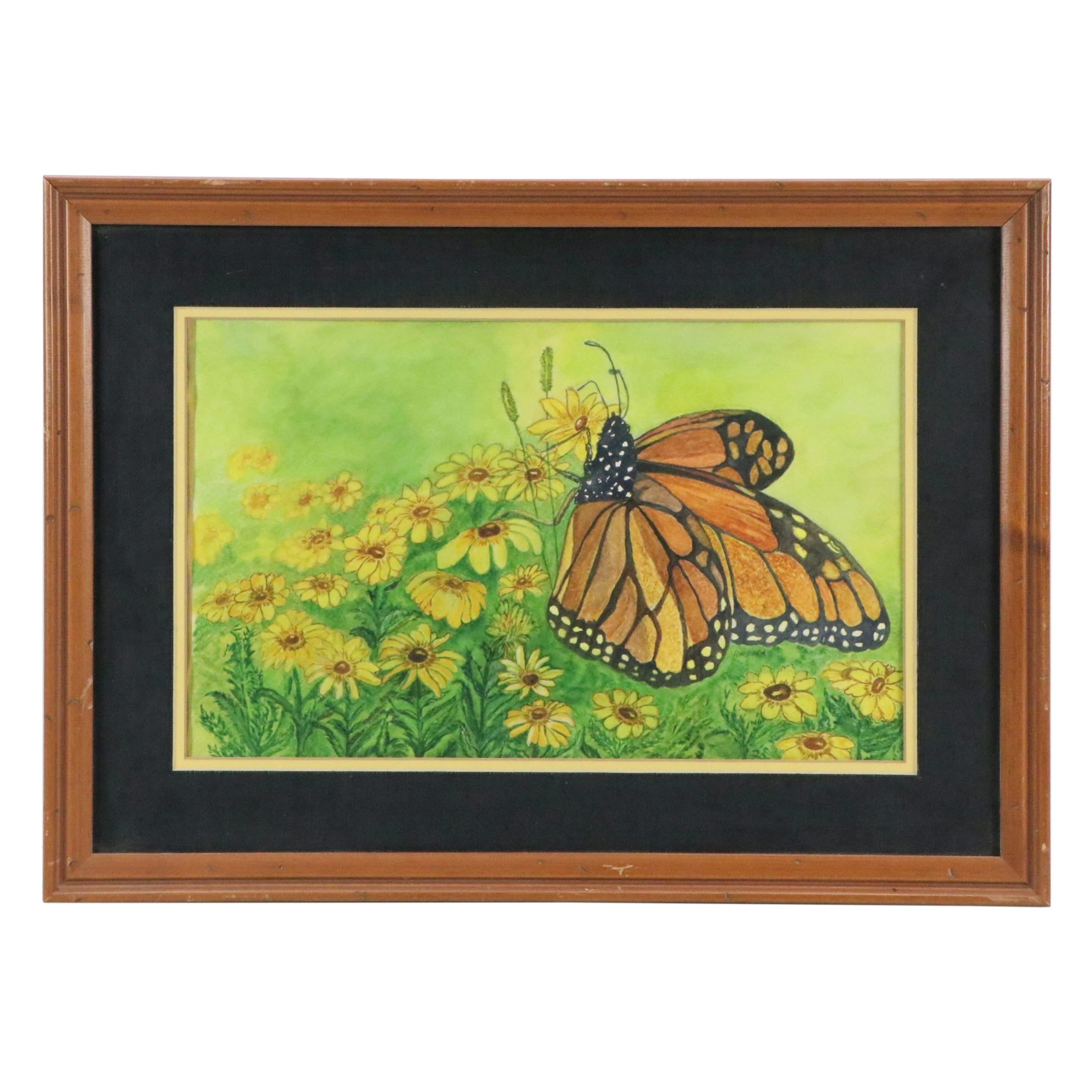 Stylized Watercolor Painting of Butterfly and Yellow Flowers