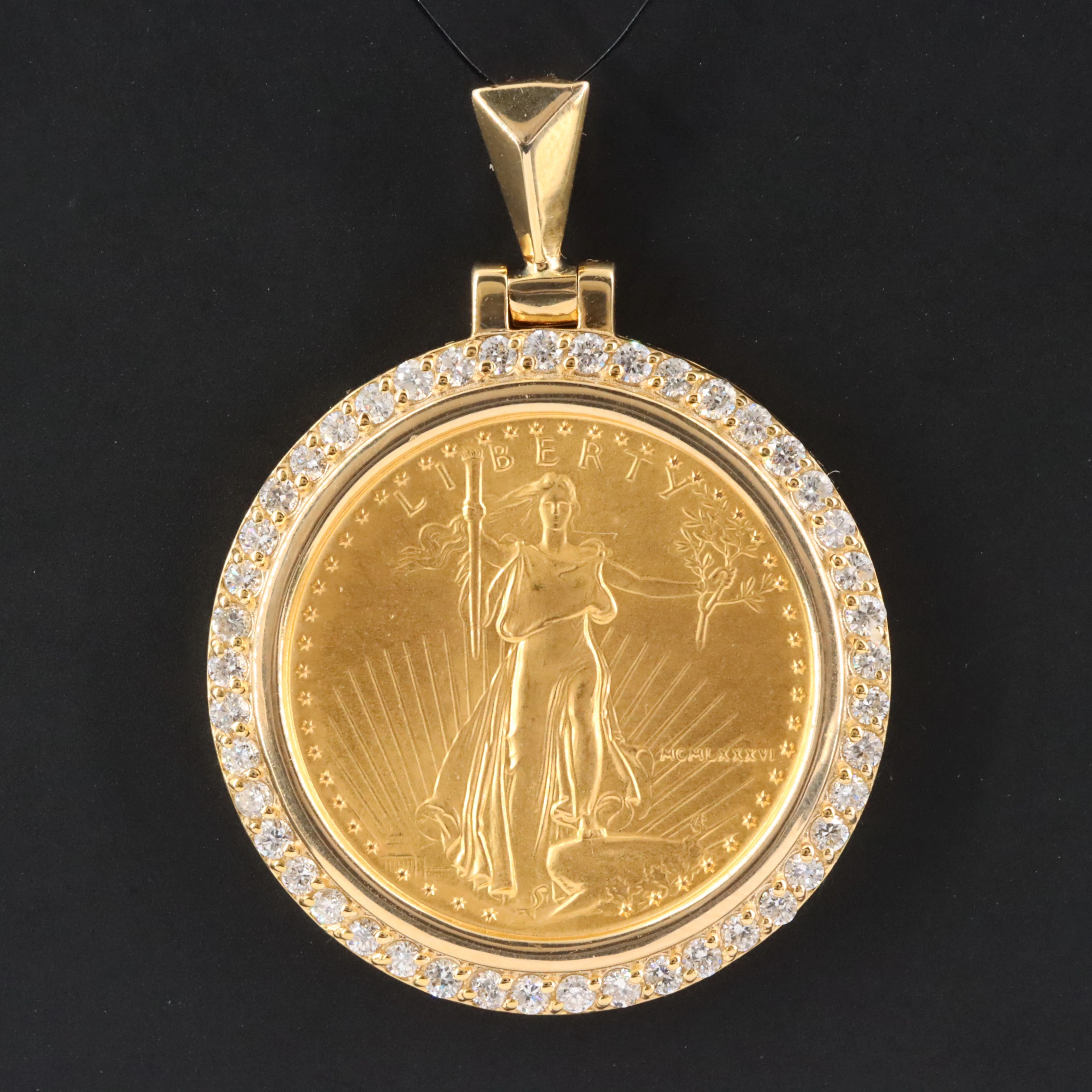 14K 0.79 CTW Diamond Halo Pendant with 1986 1/4-Oz. $10 Gold Eagle Bullion Coin