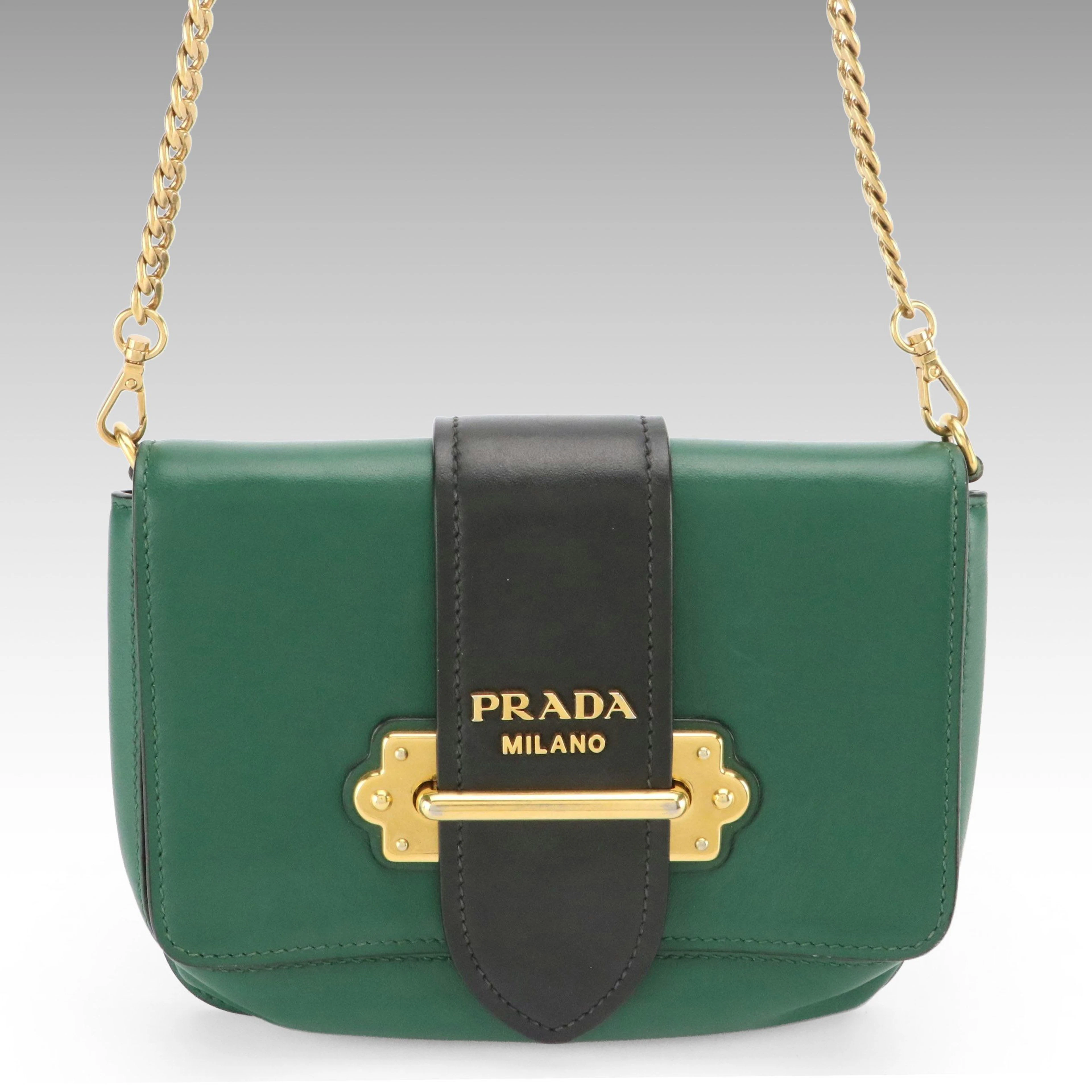Prada Cahier Flap Bag in Black and Dark Green Calfskin Leather