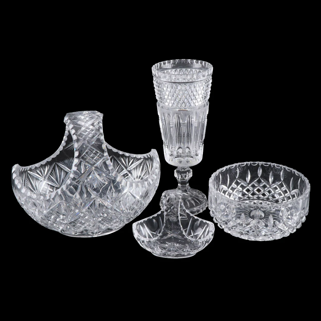 Bohemian Cut Crystal Baskets with Glass Bowl and Footed Vase