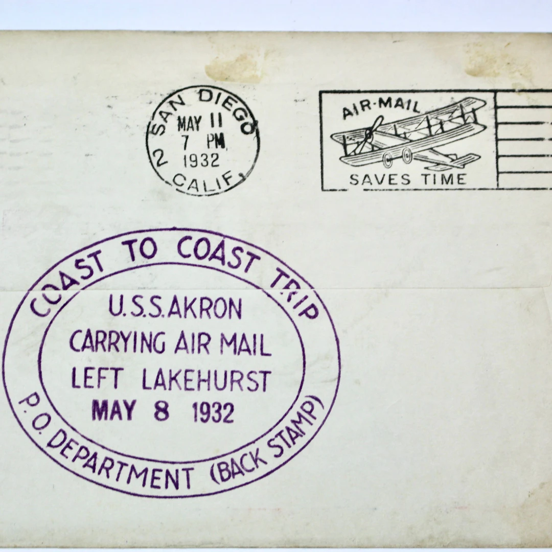 1932 Akron Graf Zeppelin Postal Cover, Coast-to-Coast, Interesting Back Stamps