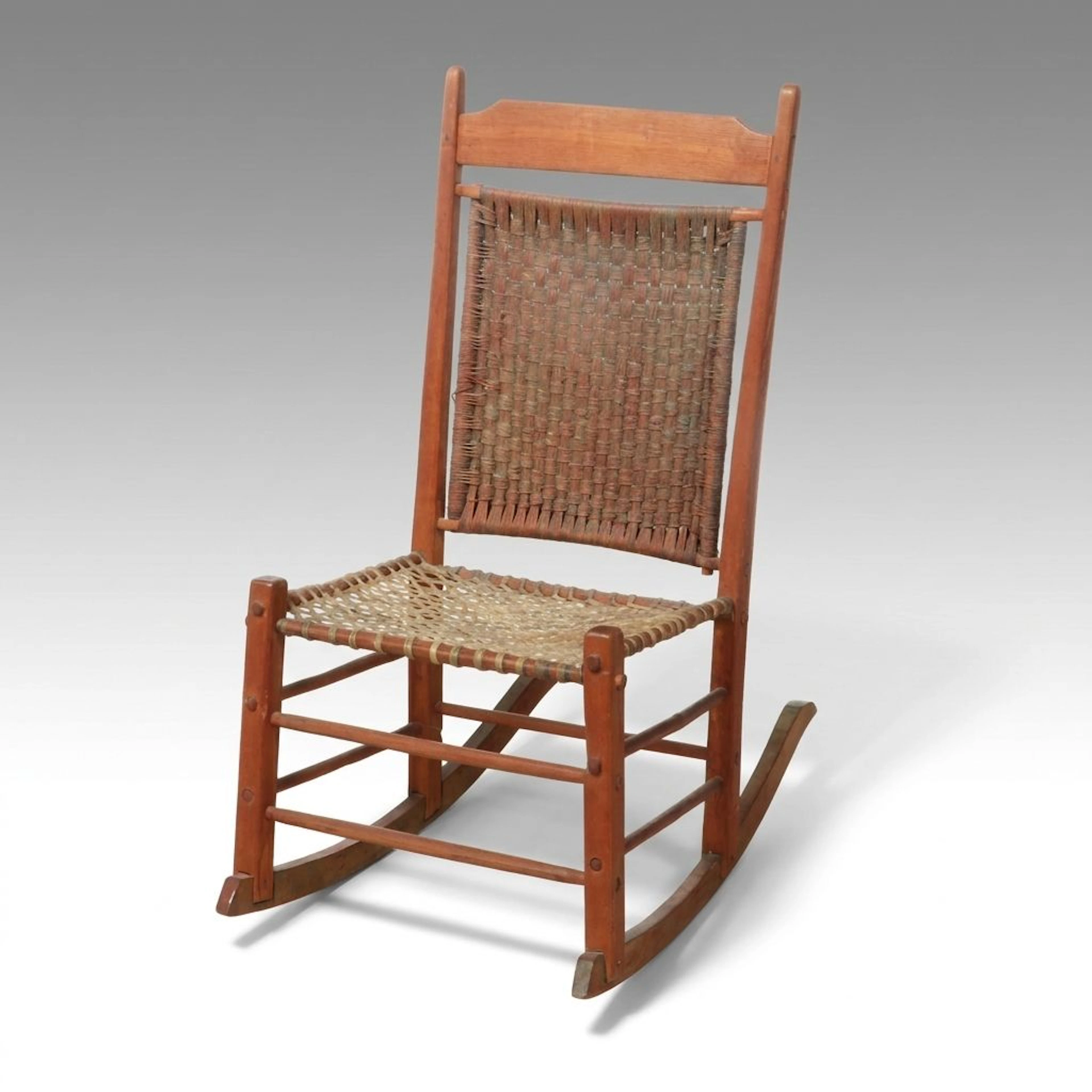 Rustic Wood Woven Rush and Sinew Rocking Chair, 20th Century