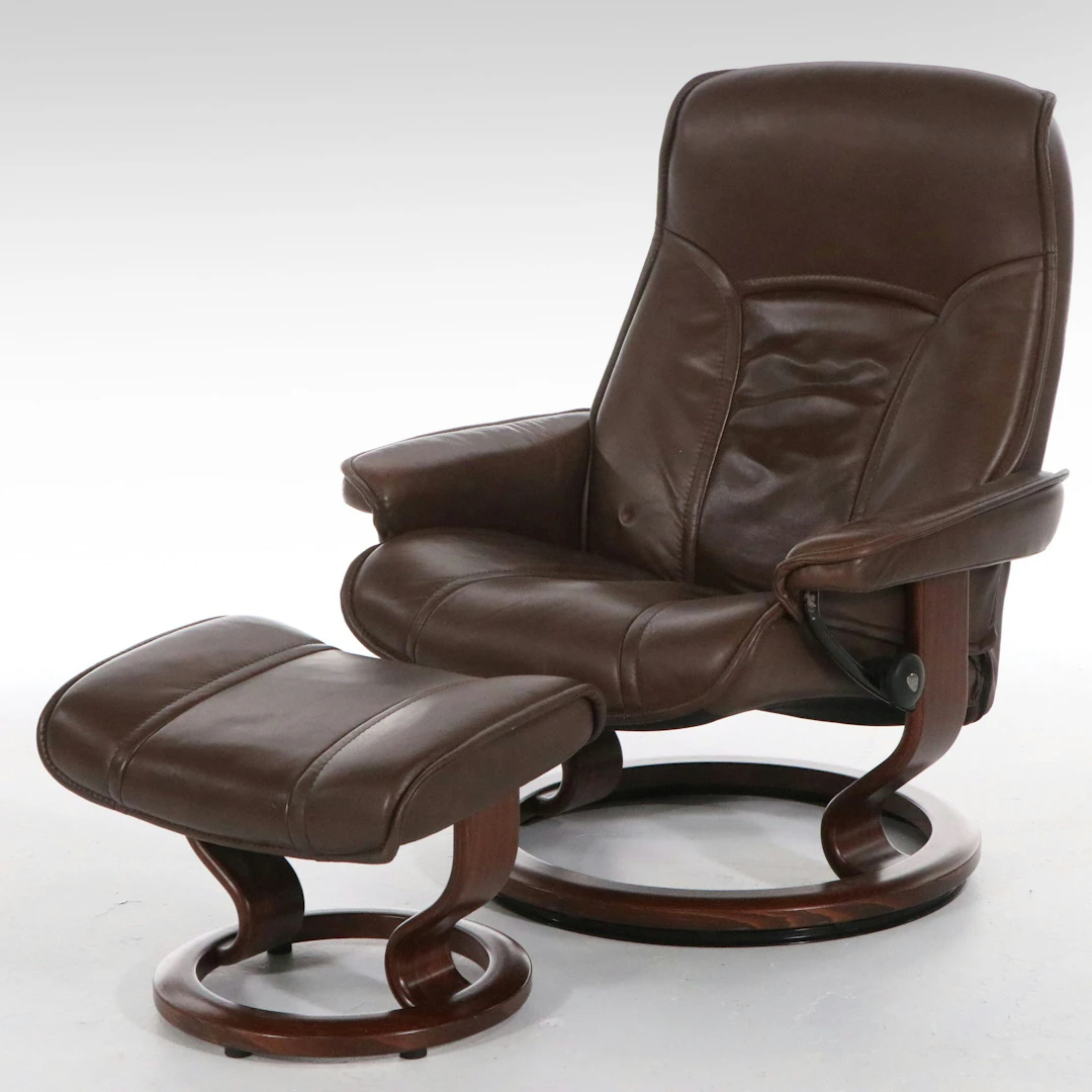 Ekornes "Stressless" Brown Leather Lounge Chair and Ottoman
