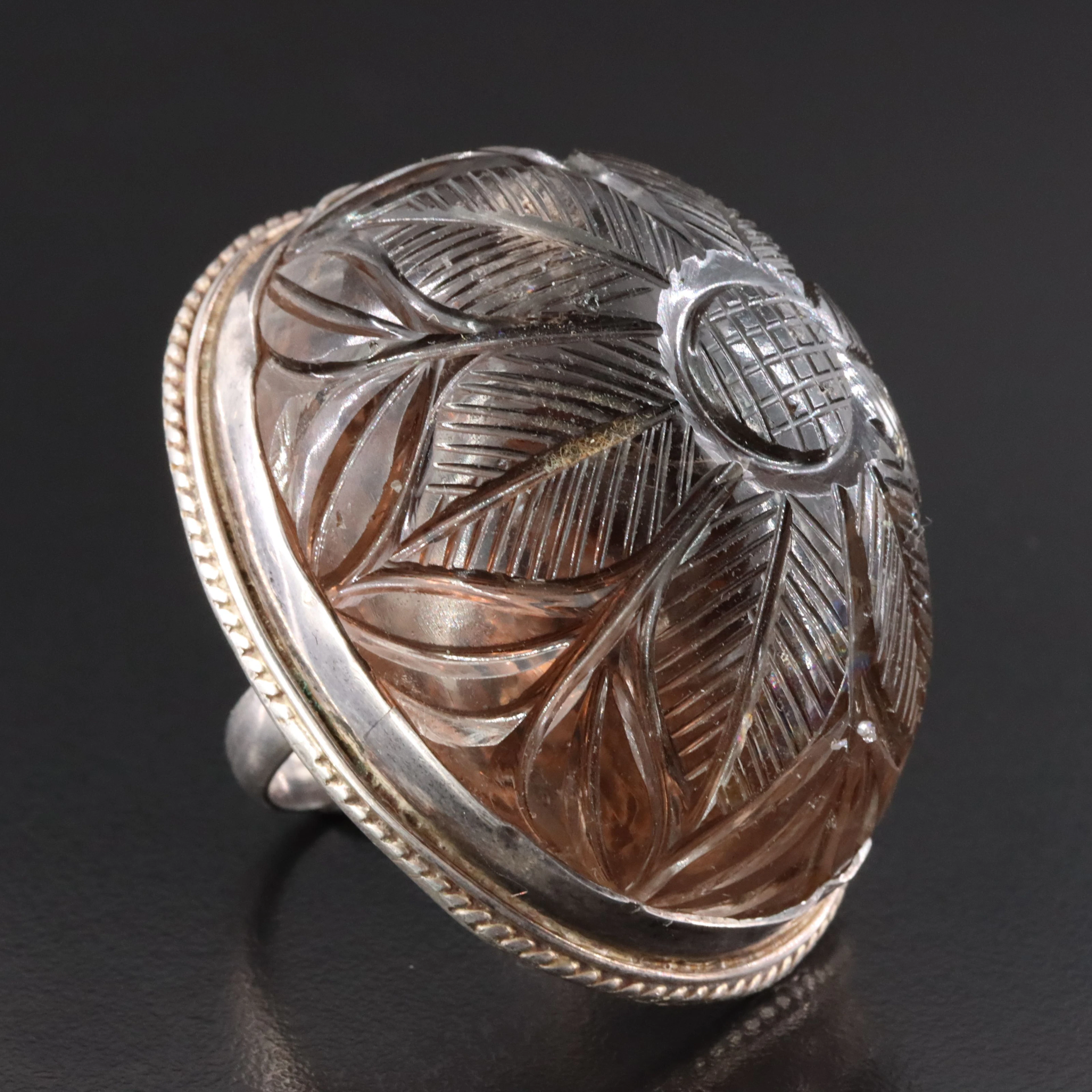 Vintage Sterling 260.00 CT Carved Smoky Quartz Floral Statement Ring