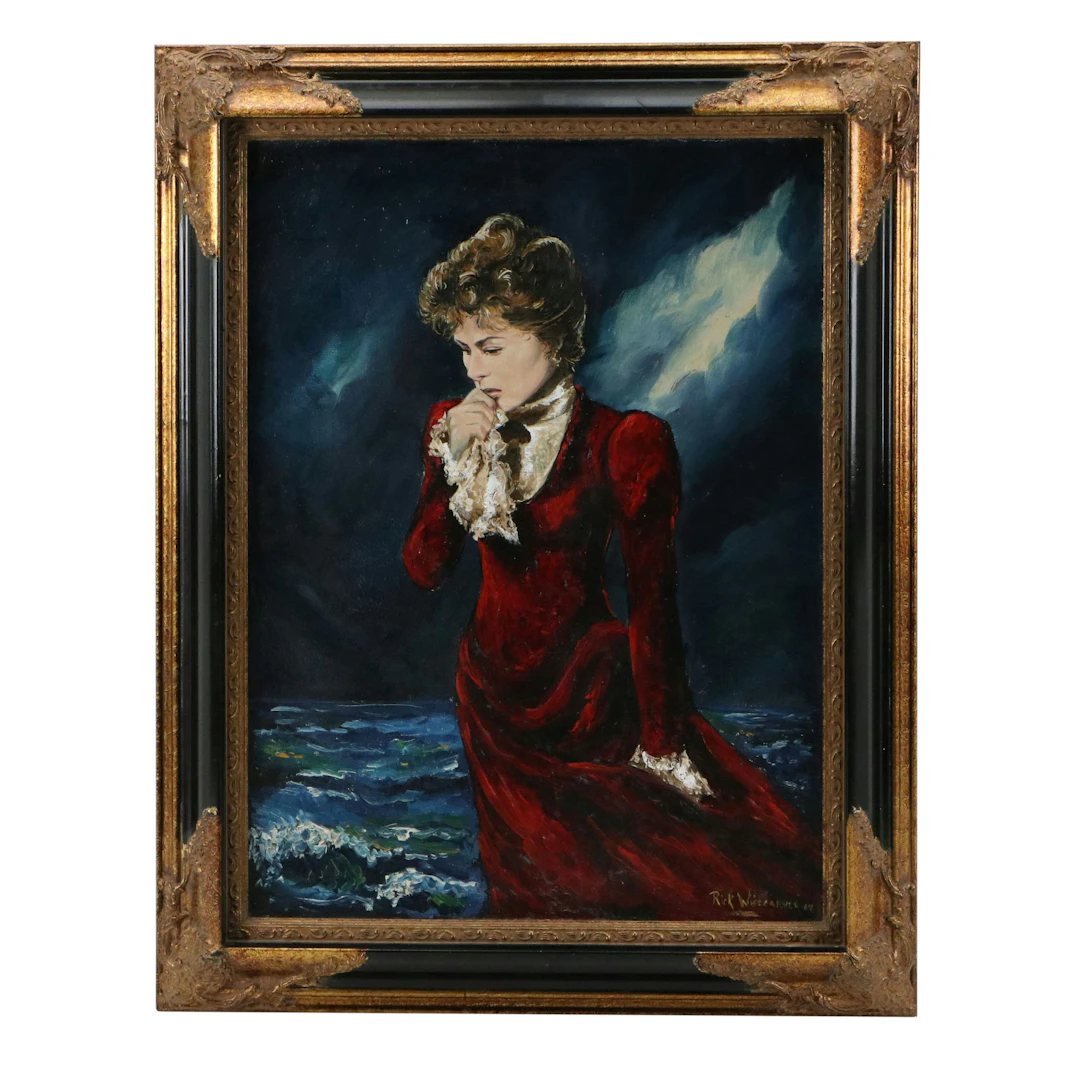 Rick Wisecarver Dramatic Oil Painting of Woman in Red, 1969