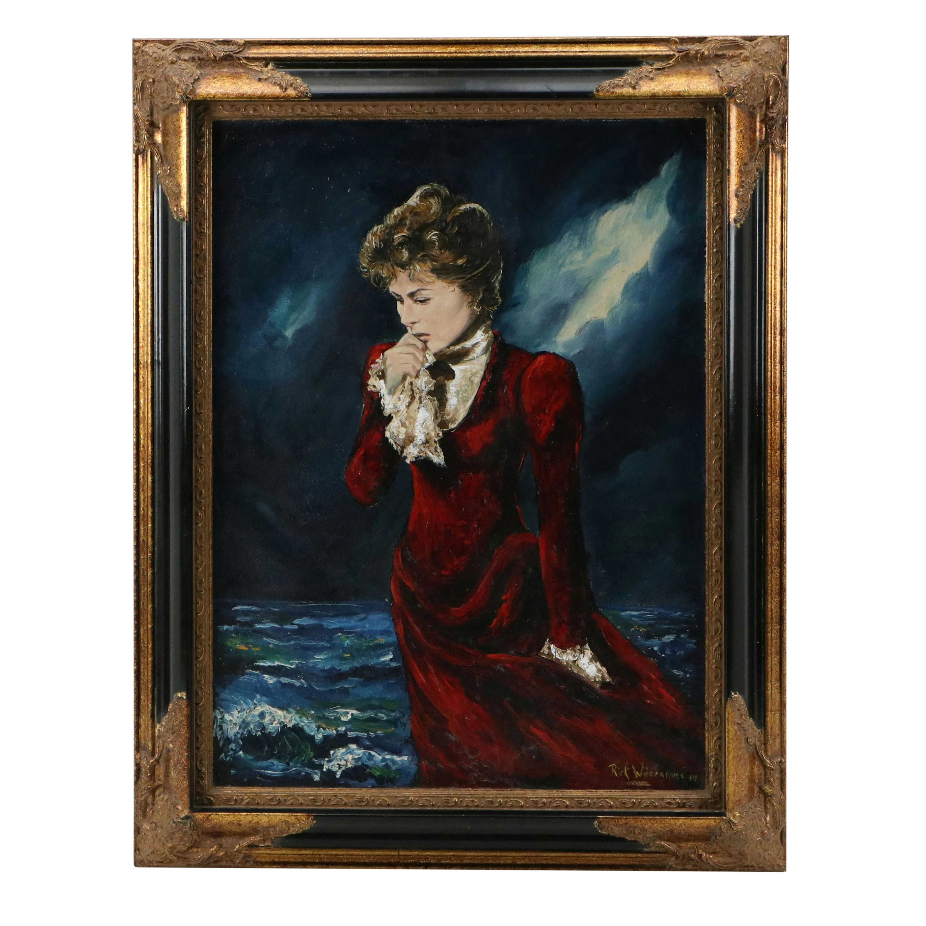 Rick Wisecarver Dramatic Oil Painting of Woman in Red, 1969