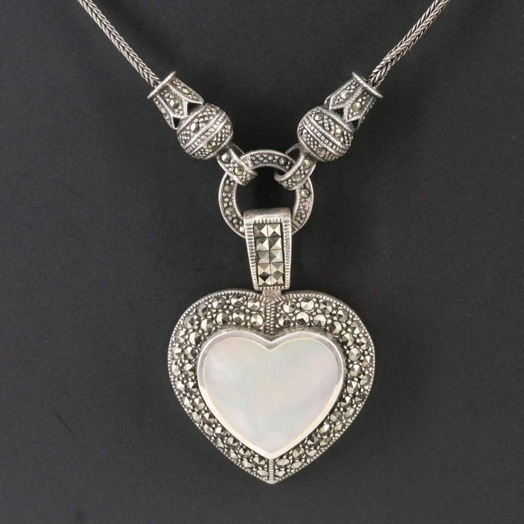 Sterling Mother of Pearl and Marcasite Heart Necklace