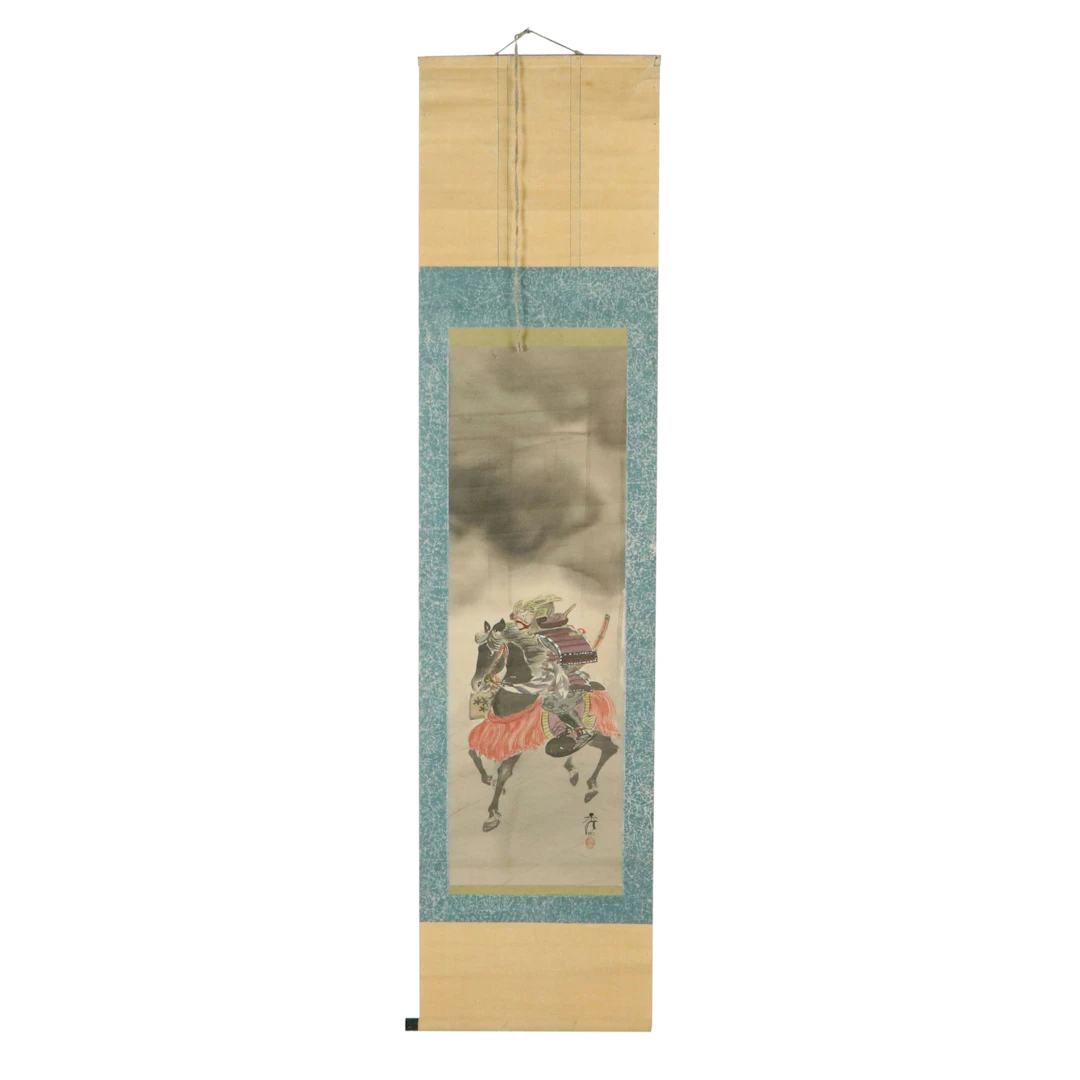 Japanese Ink Wash and Watercolor Silk Scroll Painting of Samurai on Horseback